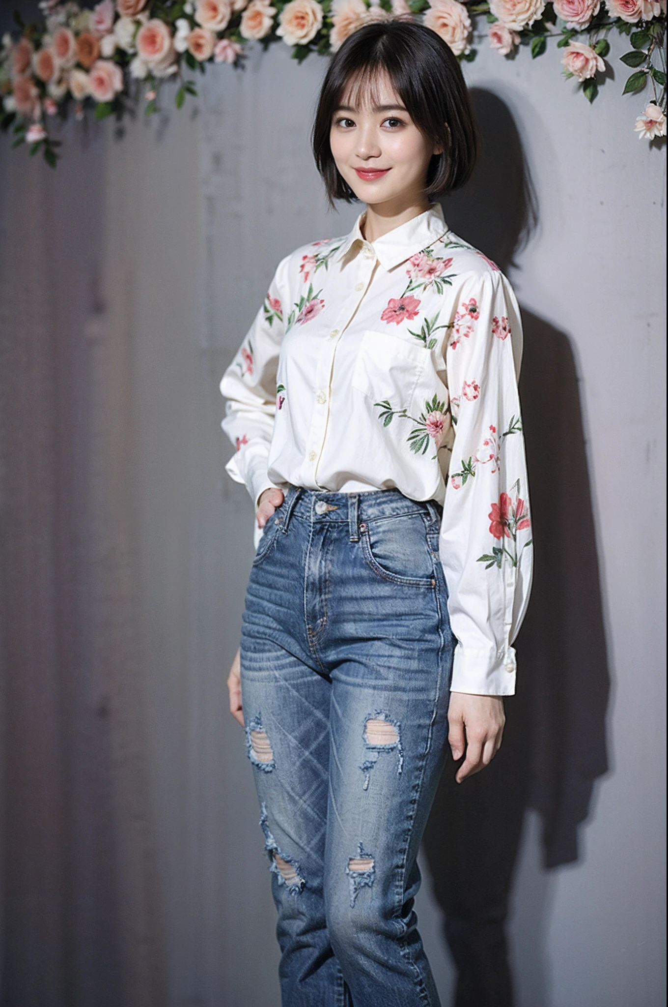 (Masterpiece)、((High-quality photos))、ultra-detailliert、((1beautiful woman))、((Jeans - Wear jeans))、((Long sleeve shirt with floral pattern))、((Black Shorthair))、((A slight smil)))、((Have paprika))