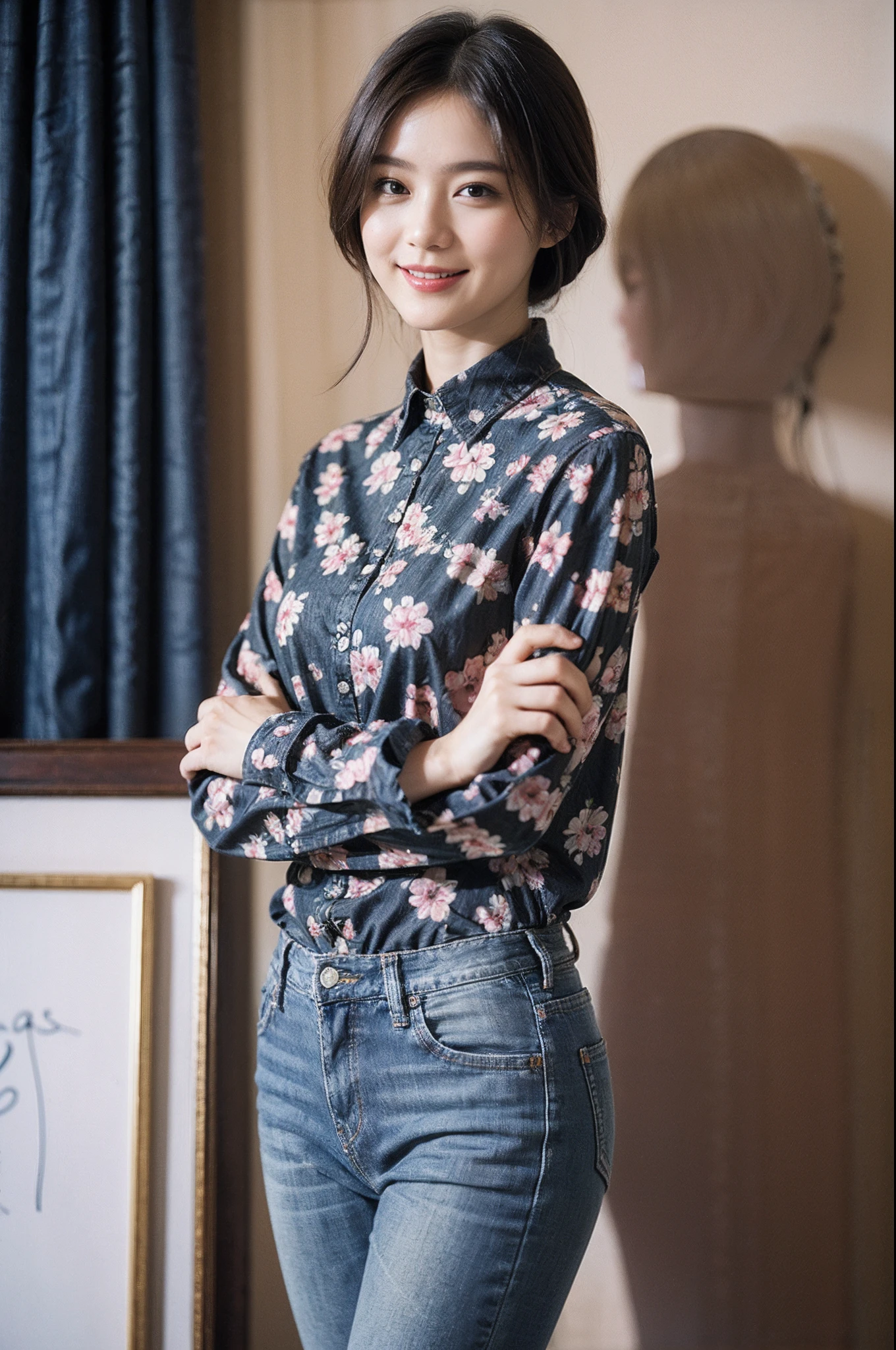 (Masterpiece)、((High-quality photos))、ultra-detailliert、((1beautiful woman))、((Jeans - Wear jeans))、((Long sleeve shirt with floral pattern))、((Black Shorthair))、((A slight smil)))、((Have paprika))