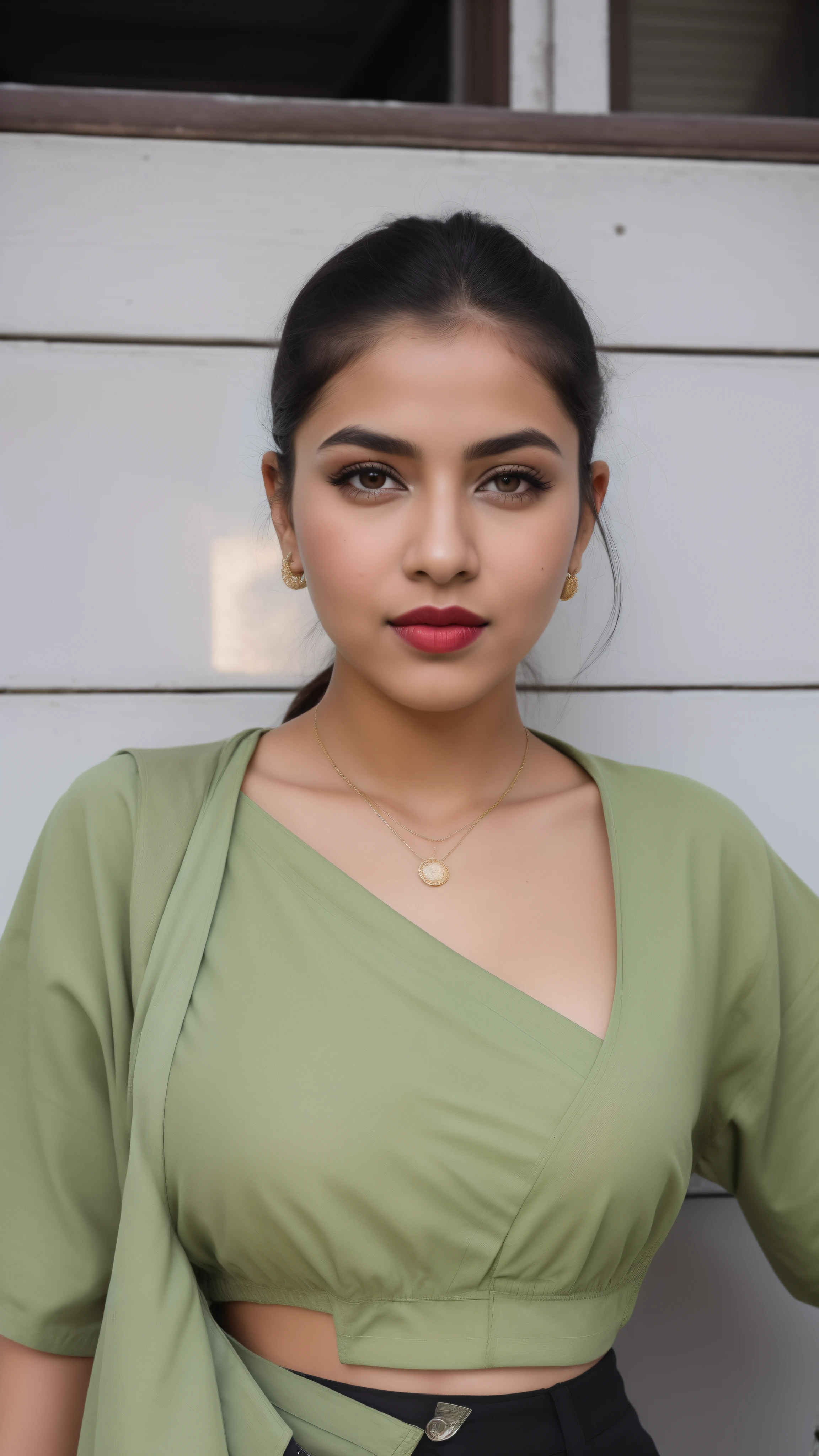 ((RAW, analog style)), face, extremely detailed full body color photo of a 25 y.o girl, beautiful face, beautiful eyes, ((small nose)), big natural lips, ((fabric crop top)), small breasts, slim body, outdoor, trees, ((film grain, skin details, high detailed skin texture, 8k hdr, dslr)), indian female model divya bharti