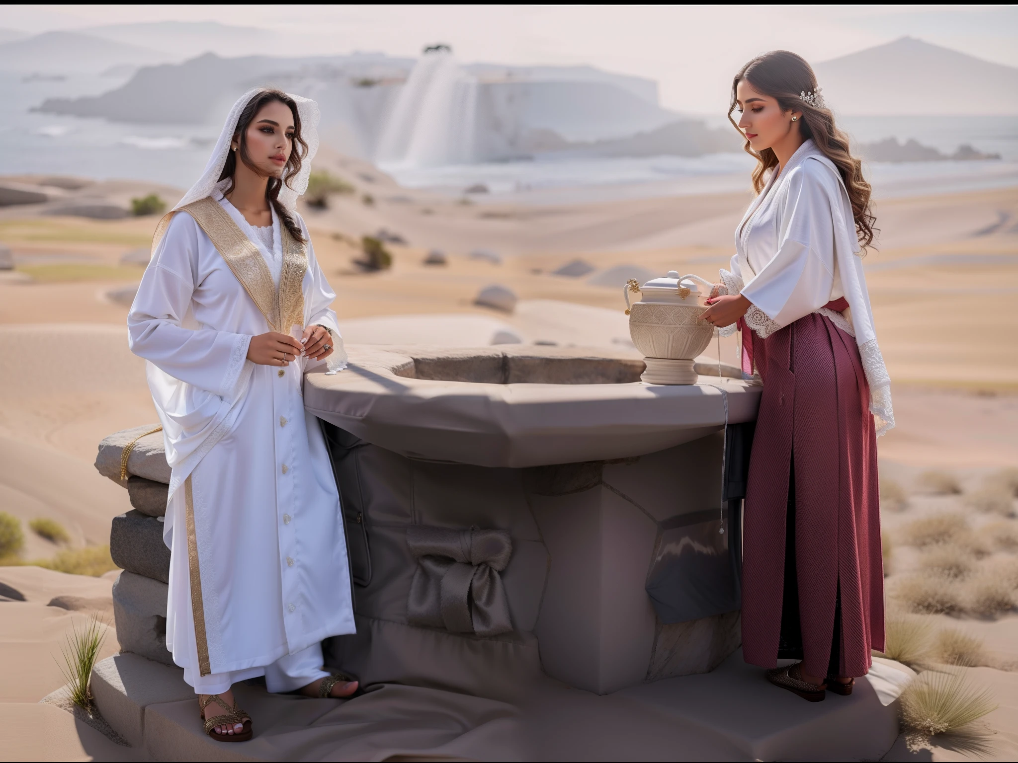 maximum detail in the garments, maximum quality, cor branca das veste, she's in white robes, super realista, veste perfeita realista e detalhes