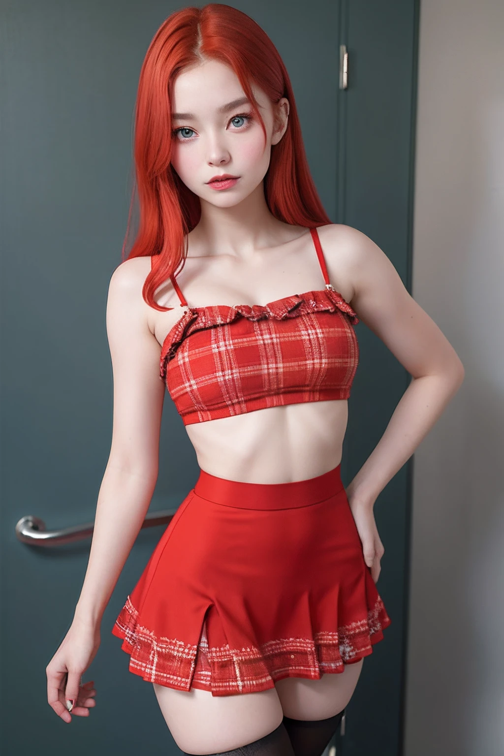 a beautiful yo Skotlandia woman, spaghetti strap top, high waist short skirt, redhead, thighhighs