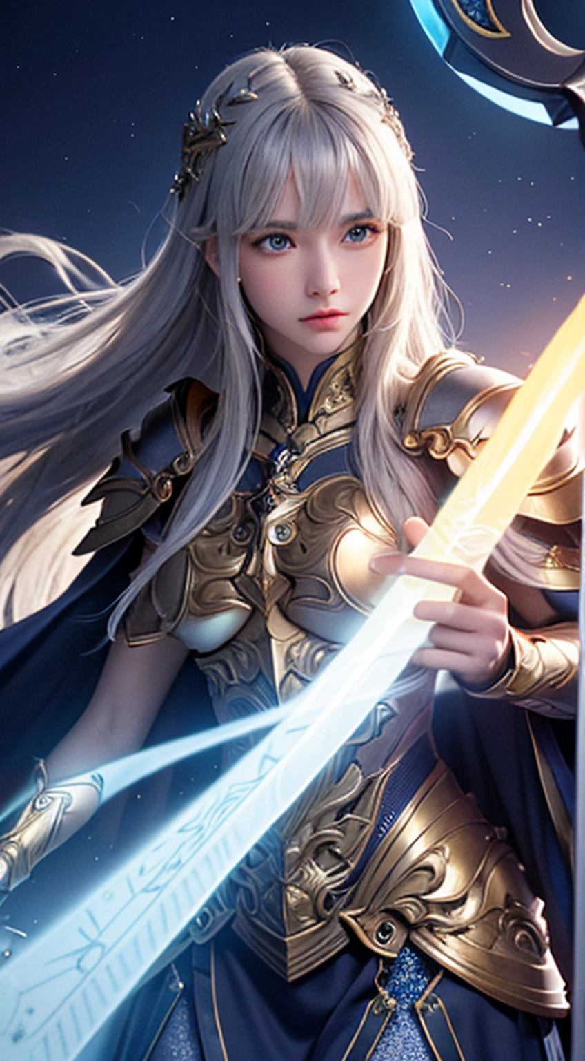 Um paladino inspirador vestindo armadura dourada, wielding a sword imbued with radiant light, e segurando um escudo gigante dourado. The paladin's blue eyes sparkle with determination as they navigate the dark and mysterious cityscape. O brilho da espada do paladino ilumina os arredores, revealing intricate details and adding a cinematic touch to the composition. The overall aesthetic captures the beauty and depth of the scene, reminiscente da fotografia Fujifilm.