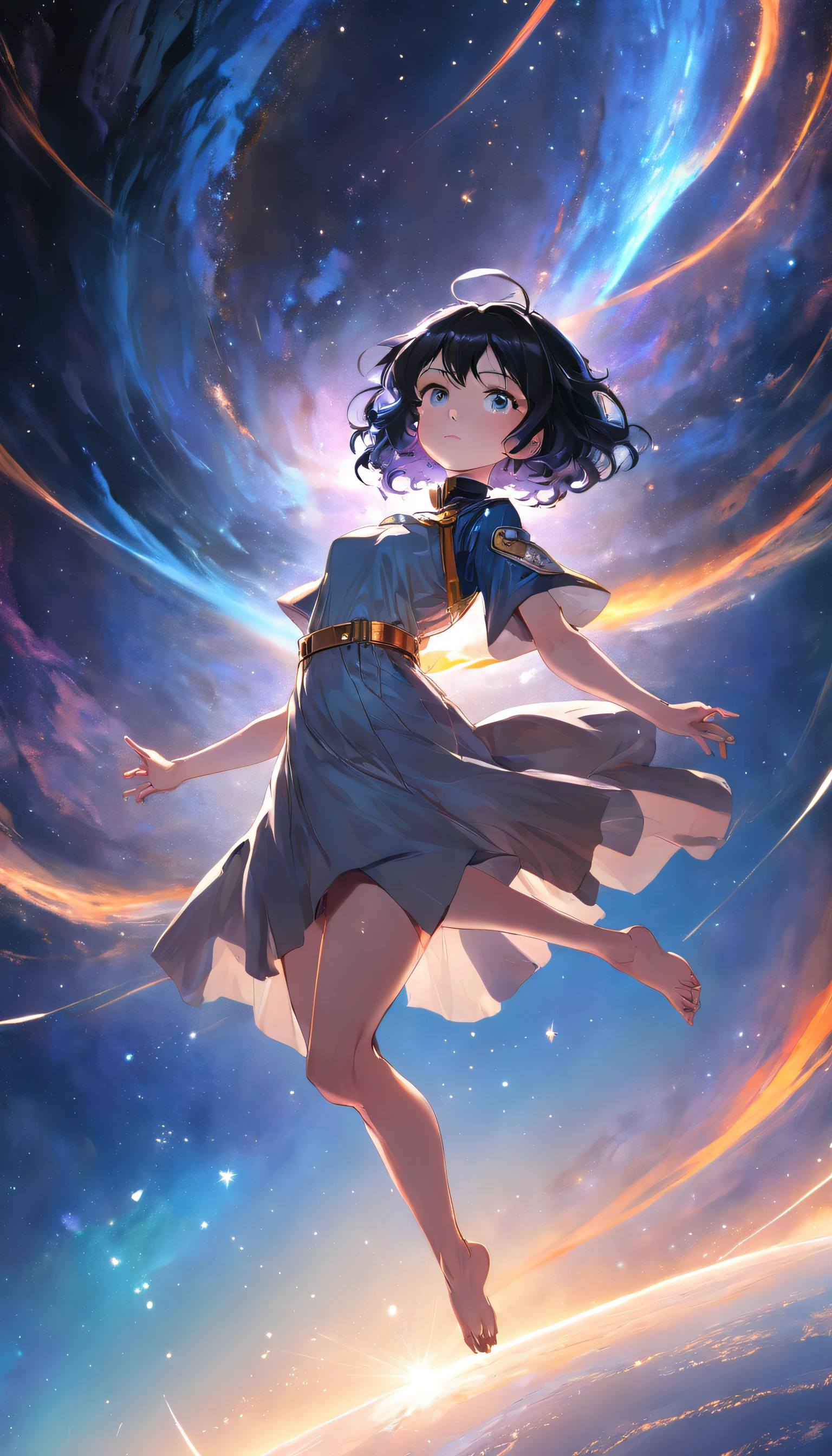 , Portrait of a young woman with black hair in zero gravity, Set against the backdrop of the Milky Way and supermassive black holes, god light, Sparkle, Glowing light，Large breasts，cleavage