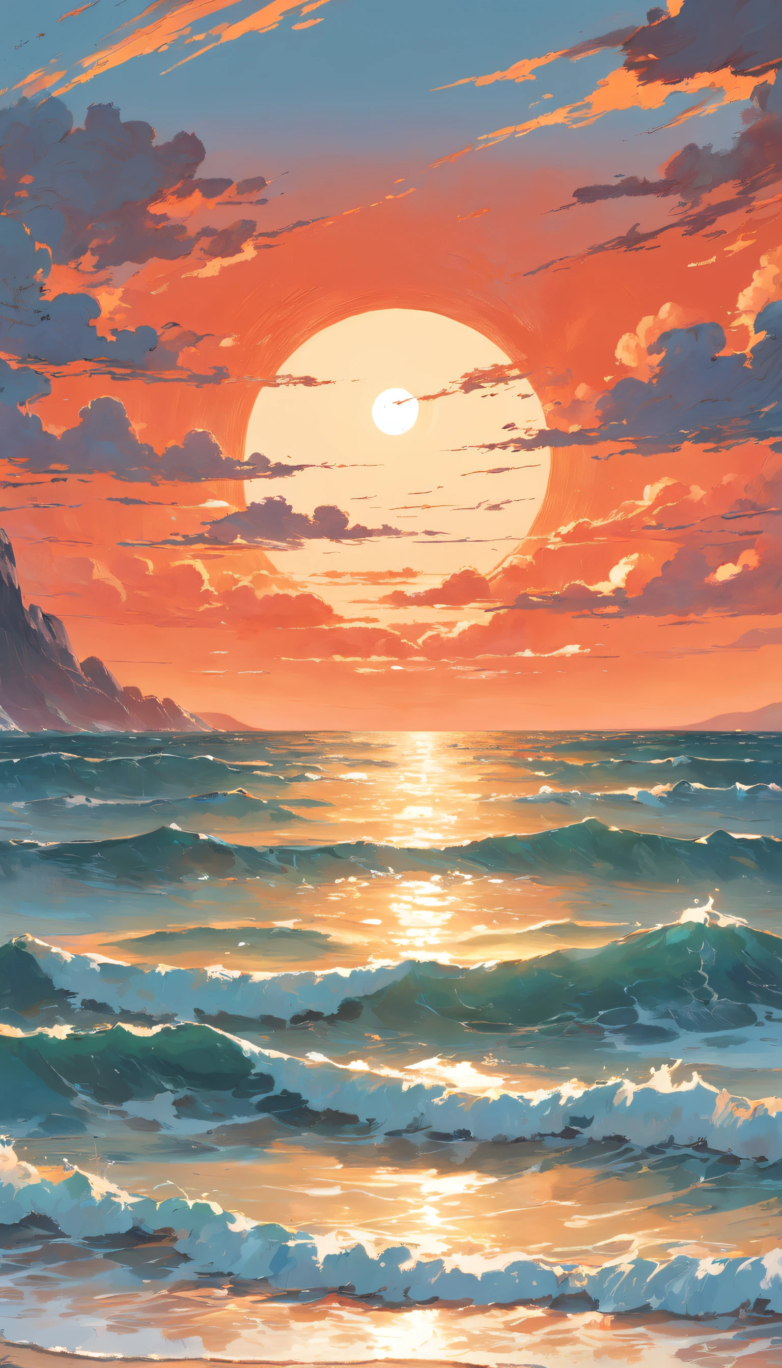 The red sun sets on a very smooth sea, Paintings by Vincent van Gogh, Calm composition, pastel colour, Orange-yellow and light blue