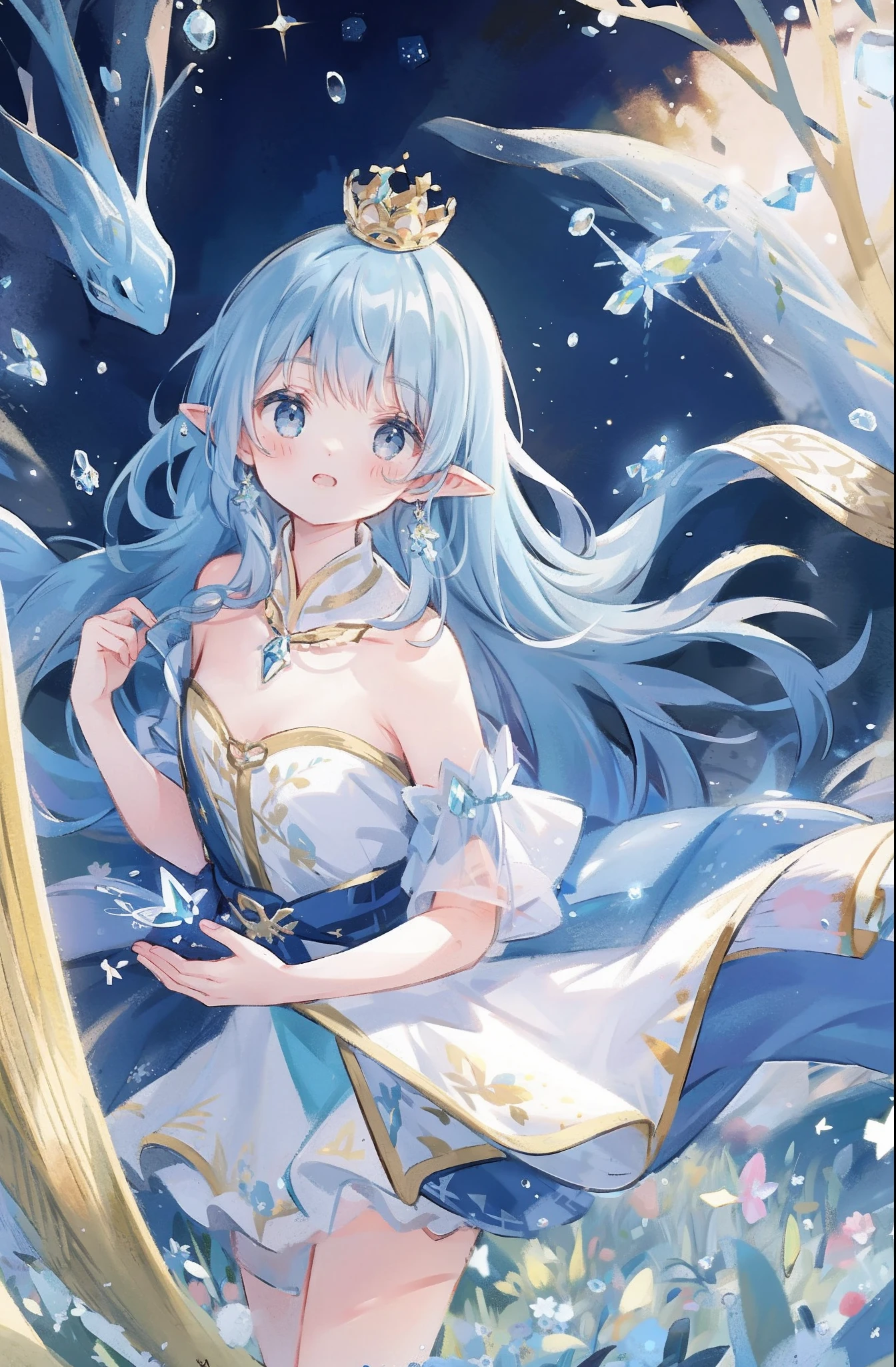 The crown woven with golden silk thread is worn in the ice blue hair, pointy ears, young girl, good face, blue crystal pendant necklace, full white chest, water blue long skirt, exquisite and gorgeous, The skirt has small pendants in the shape of water droplets made of various gemstones, illustration, masterpiece, fantasy, blue flowers, lakeside, movie lens, strong light and shadow