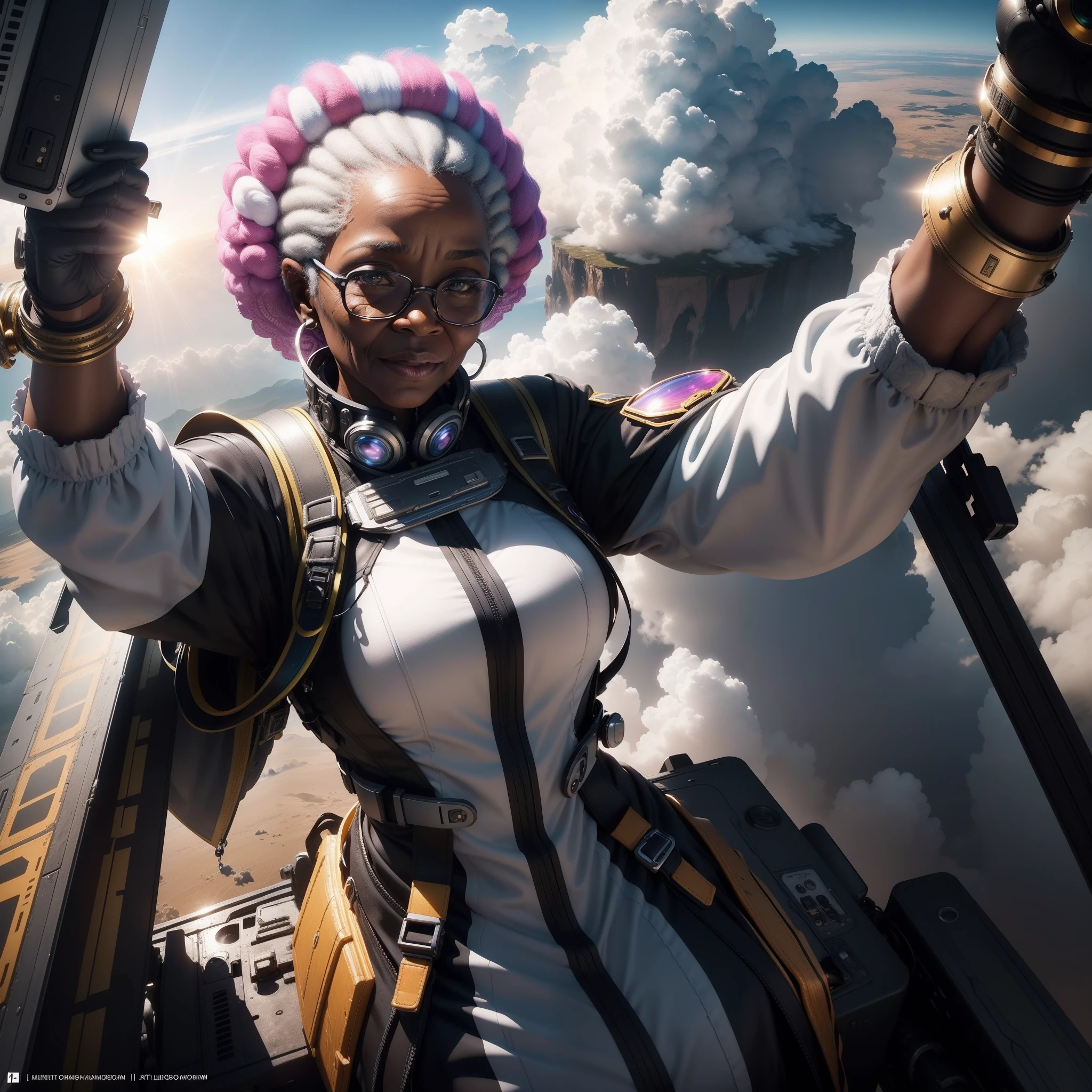 An elderly black woman dressed in African design clothes flying on a jetpack in the sky while taking a selfie, surrounded by clouds with the sunlight piercing through, with iridescent light, highly detailed images, vibrant beautiful colours, photorealistic image, 8k, ultra HD, unreal engine rendered, cinematic lighting, artgerm style,