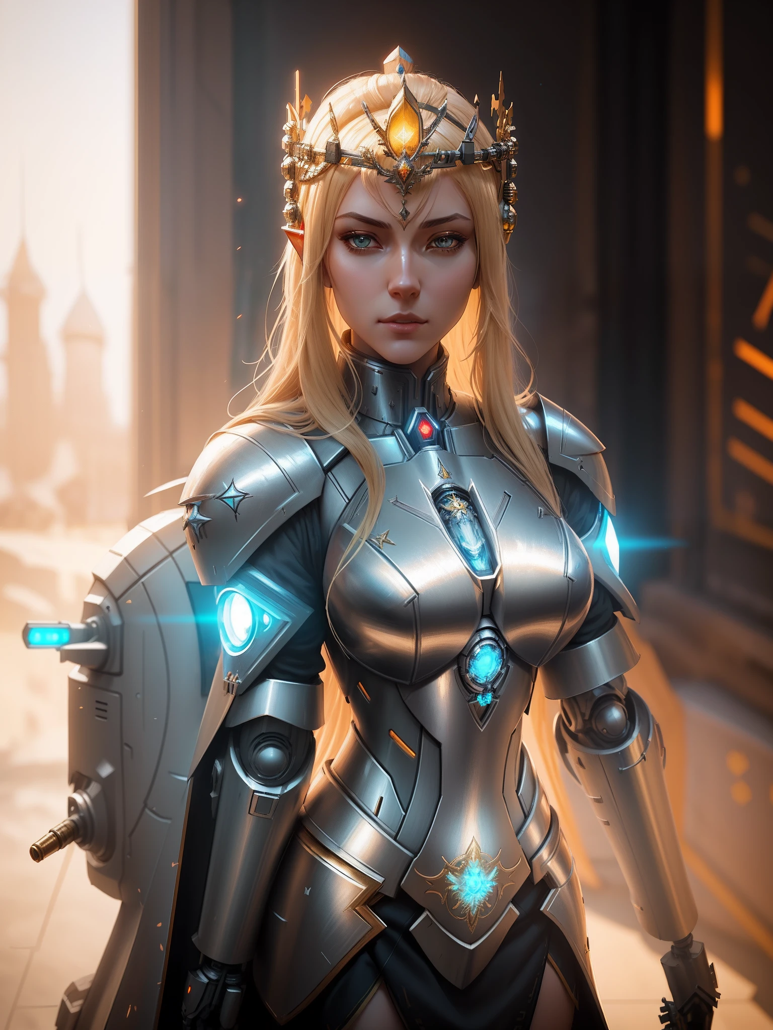 blond woman in a corset and star wars costume with spaceships in the background, inspired by ken kelly, album art for a trance dj, rendering of beauty pageant, still frame from a movie, weaponized, 7 0 s, brown armor, power pose, portrait of an ai, eve --ar 16:9 --v 5.1