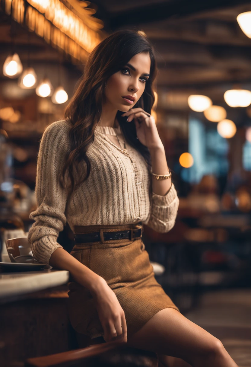 (sharp focus: 1.2), photo (full body) (American flat), attractive 25-year-old, reading menu, sitting in Parisian coffee shop, (beautiful face: 1.1), detailed light brown eyes, delicious lips, (eye makeup: 0.85), (medium breasts: 1.0), (firm body: 1.2), (soft long black hair: 1.2), (long bangs:1.1),wearing (miniskirt) plaid miniskirt, (oversize sweater), (moderate lighting: 1.2), depth of field, bokeh, 4K, HDR. Miss Universe, cover photo. ((skin with small spots and wrinkles), , (moody lighting: 1.2), depth of field, bokeh, 4K, HDR