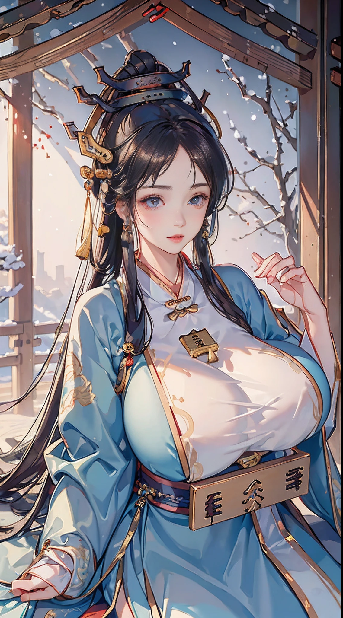 Best picture quality,8K, ),(Close-up),(Han clothing, Hanfu :1.5),{26-year-old lactating woman}, (Huge breasts:1.6), (Areola:1.4),ssmile,Snow-white dango,In a tea house,east asian architecture