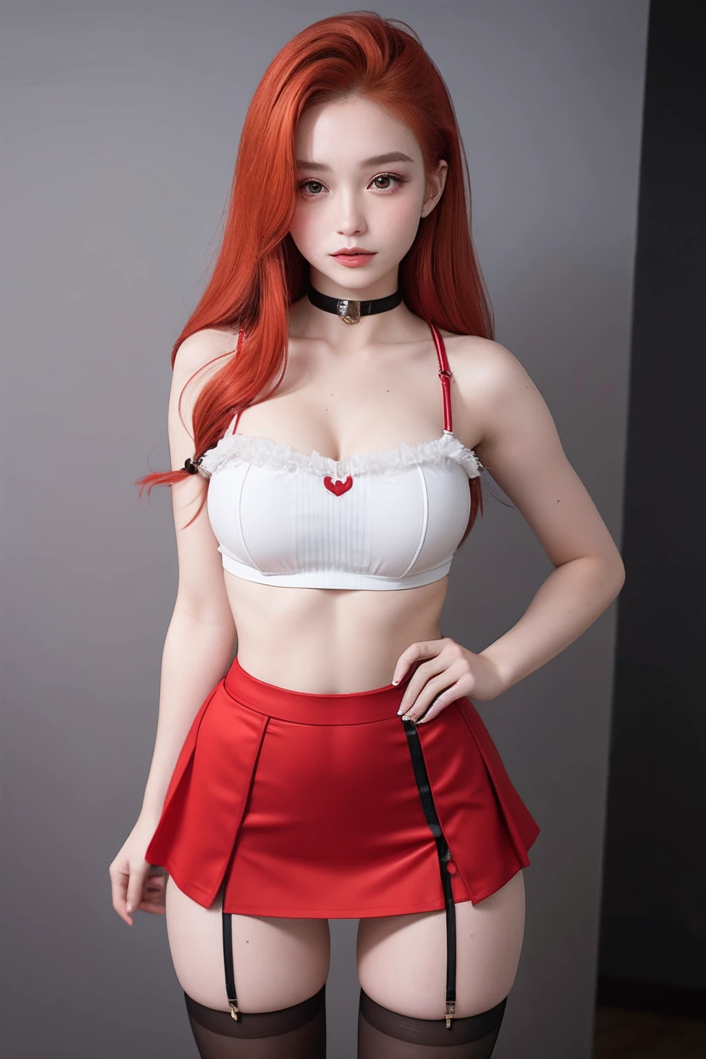 a beautiful yo Skotlandia woman, spaghetti strap top, high waist short skirt, redhead, thighhighs