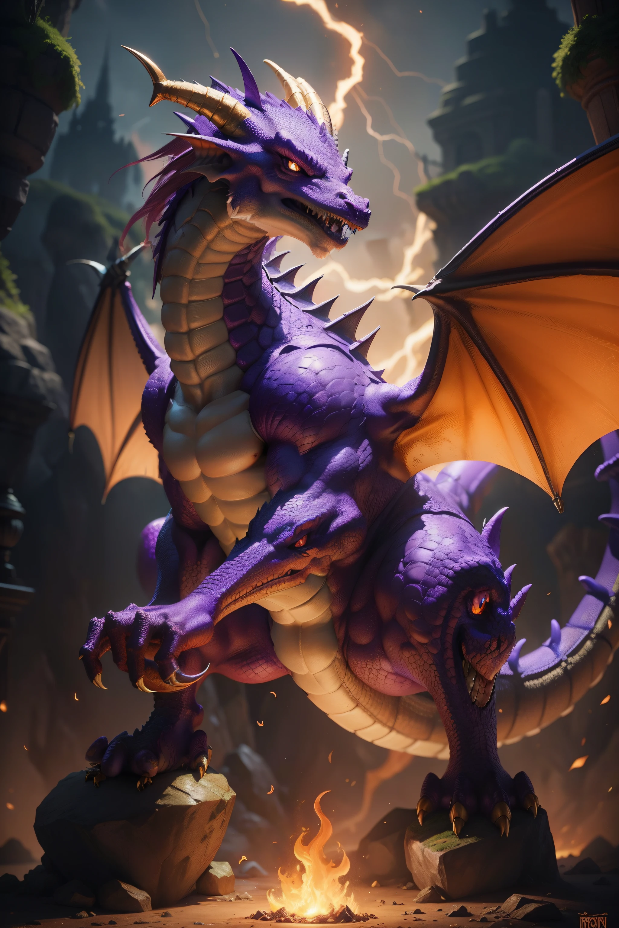 a purple dragon with yellow and orange flames around it, dragon in dragon lair, charging through a dragons lair, anthro dragon art, as an anthropomorphic dragon, fire dragon, but as an anthropomorphic dragon, dra the dragon, wings of fire, purple fire around magic arena, very cute purple dragon, d&d commision art dragon in 3d hyperrealistic
