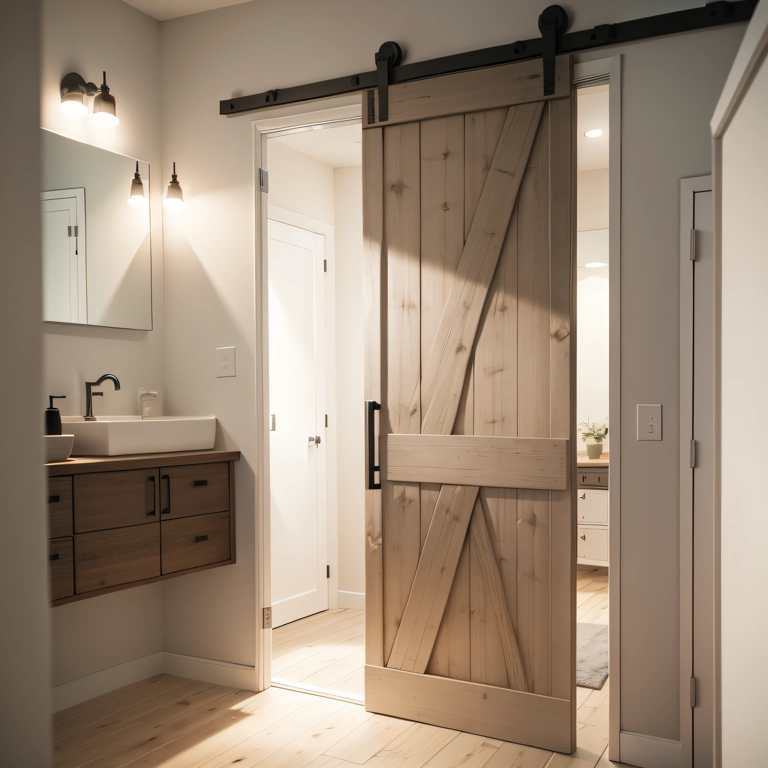 scandi bathroom with Sliding Barn Door