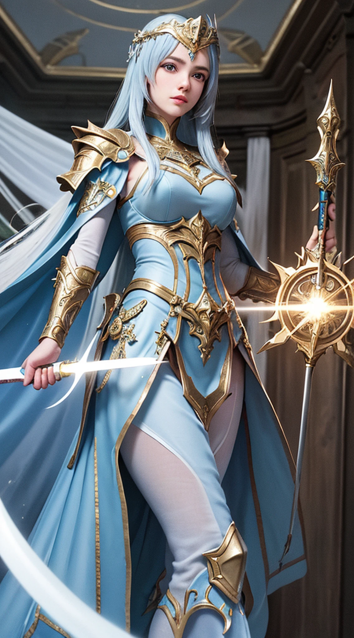 Um paladino inspirador vestindo armadura dourada, wielding a sword imbued with radiant light, e segurando um escudo gigante dourado. The paladin's blue eyes sparkle with determination as they navigate the dark and mysterious cityscape. O brilho da espada do paladino ilumina os arredores, revealing intricate details and adding a cinematic touch to the composition. The overall aesthetic captures the beauty and depth of the scene, reminiscente da fotografia Fujifilm.