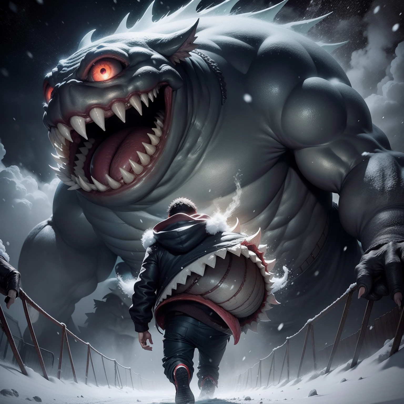 A person running away from a big-mouthed monster with five eyes is snowing is a night