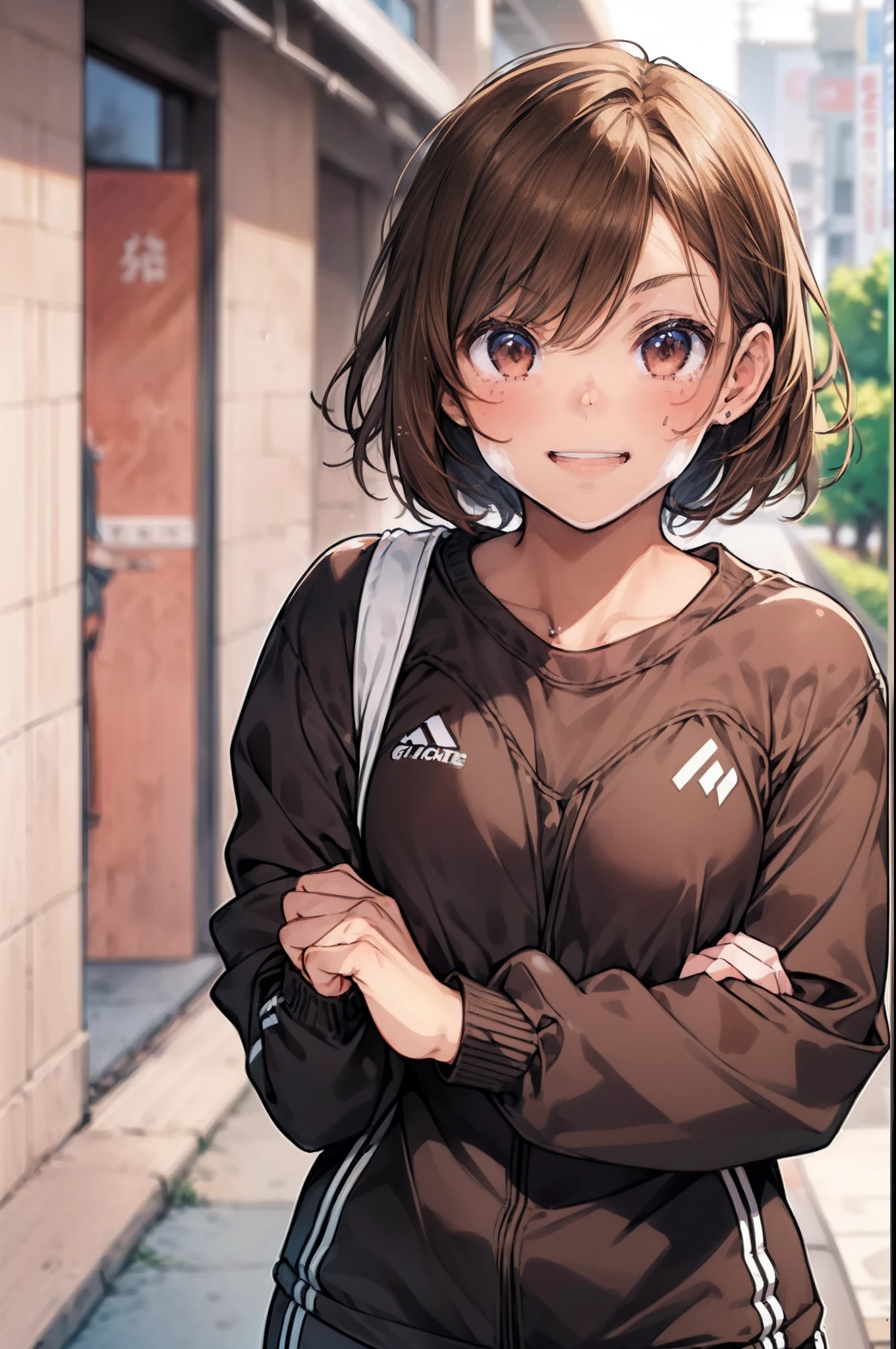 ((masutepiece)), (1 girl:2.0), (extra detailed face, Smiling), Short haircut, Brown hair, Petite, (Thin Build), (a japanese girl), ((Members of the Athletics Club, Long-distance runner)), Slightly round face, (Tanned brown face:1.6), Cute, Big eyes