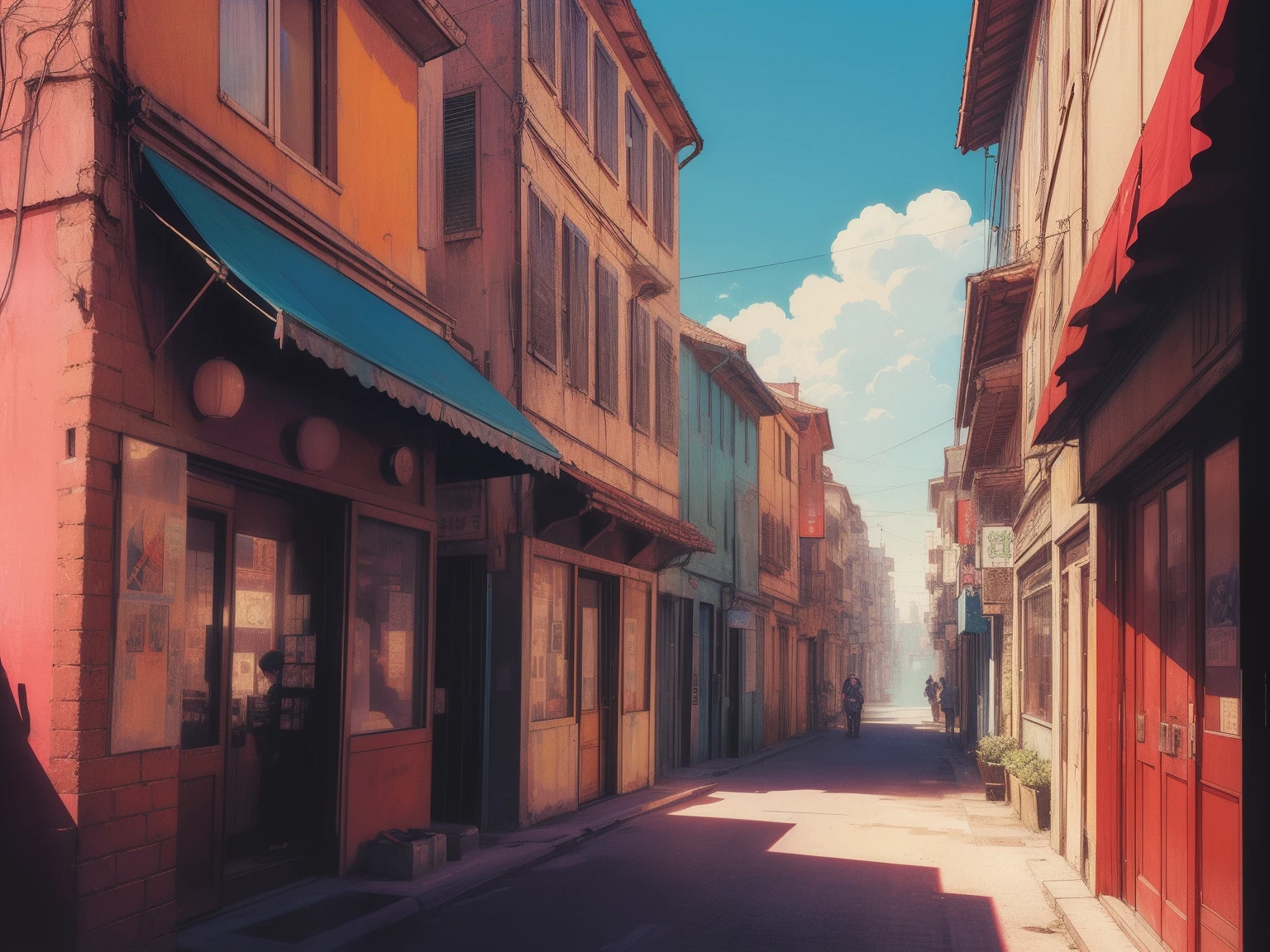 (chiaroscuro), (90-е годы:1.5), Medieval City, city square, Complex background, (Shōnen_the anime), Manga style, High contrast:1.4, (Pop art), (Retro), (Vaporwave Art:1.3)