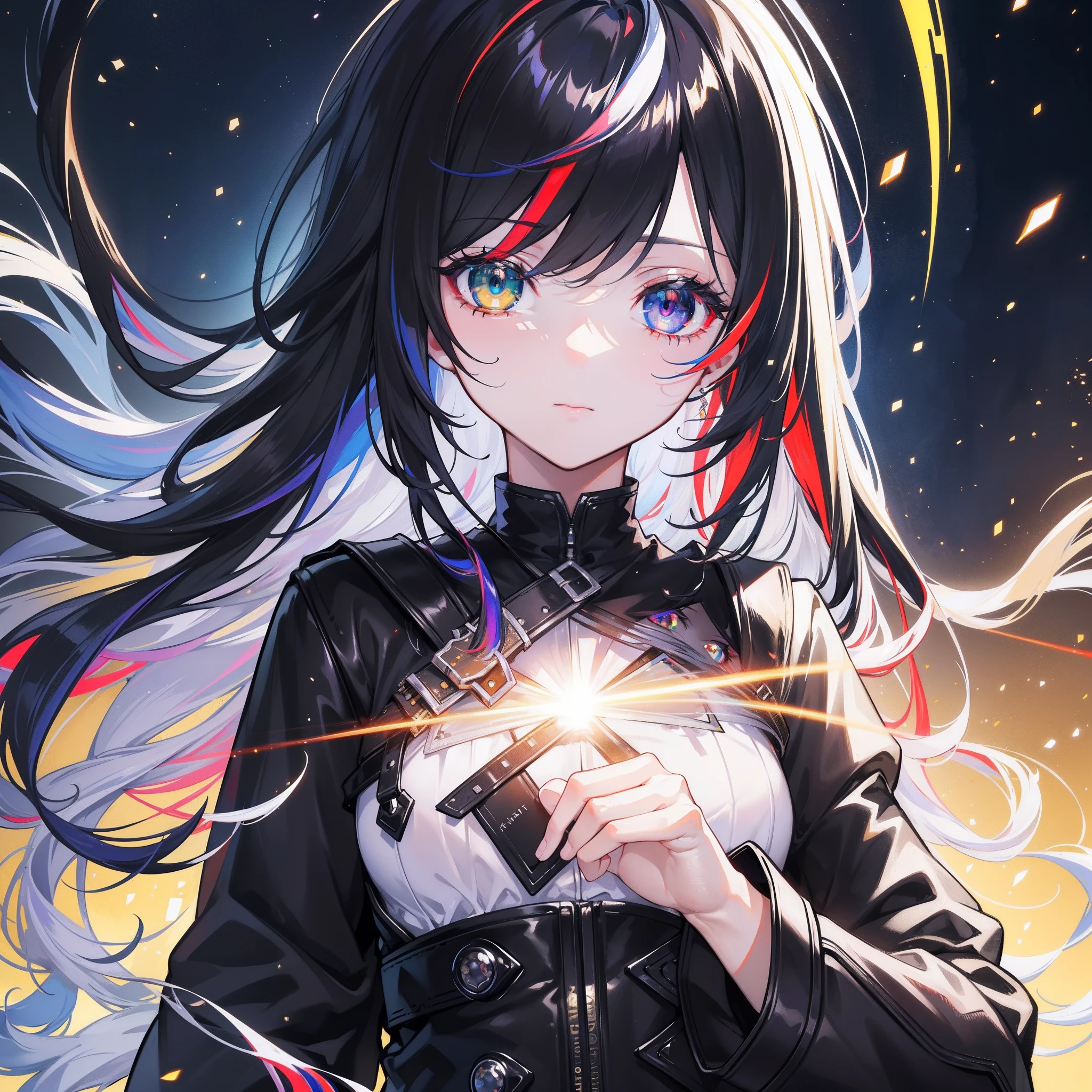 {{masterpiece}}, best quality, extremely detailed CG unity 8k wallpaper, cinematic lighting, lens flare, beautiful detail eyes, black, side glance, multicolor hair, colorful light, particles, heterochromia, (colorful:1.5), (colorful hair:1.5),