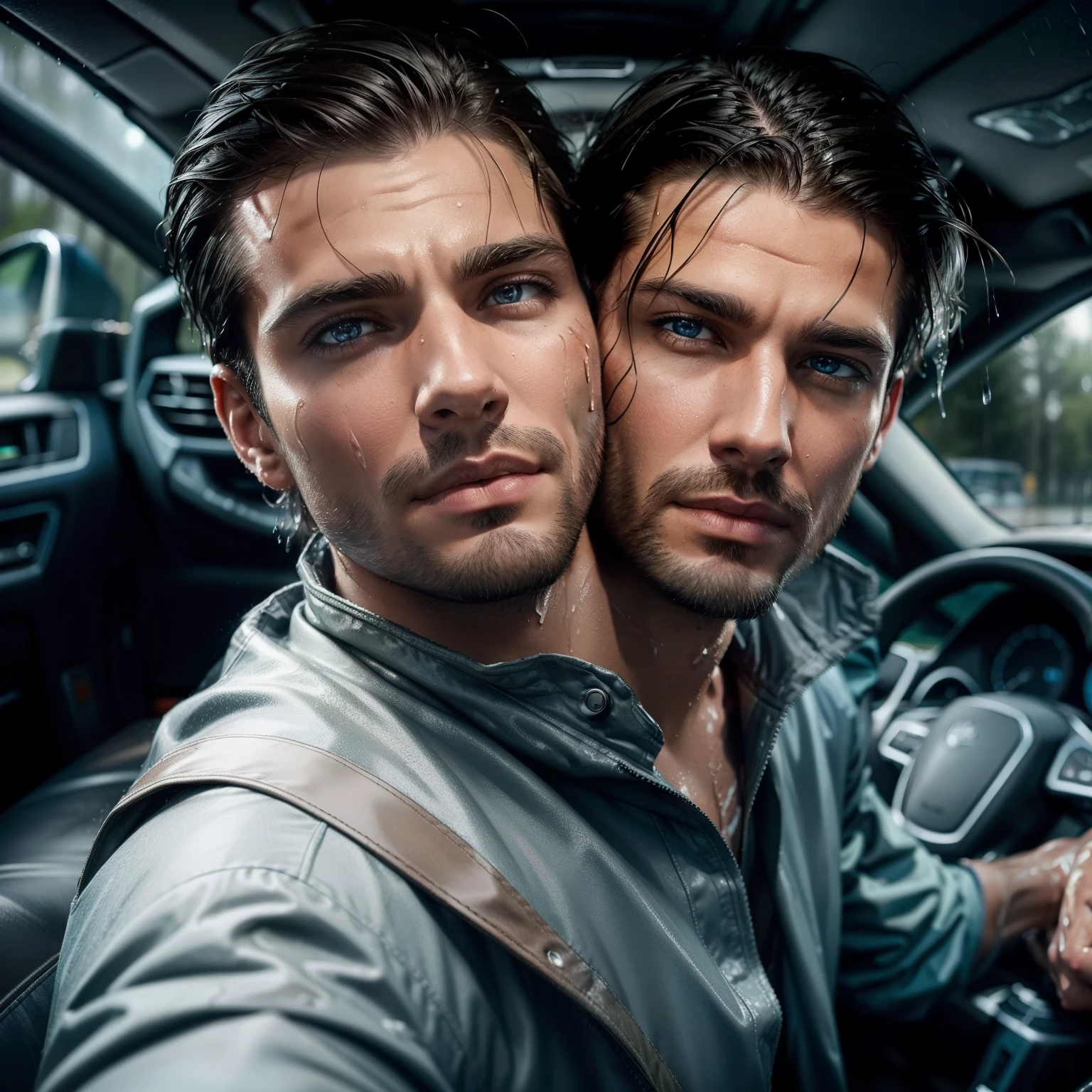1man  (((2heads))), driving a truck,   very rainy, wet skin,wet hair,wet clothes, puddles, realistic, beautiful face, no facial hair, windshield wipers on