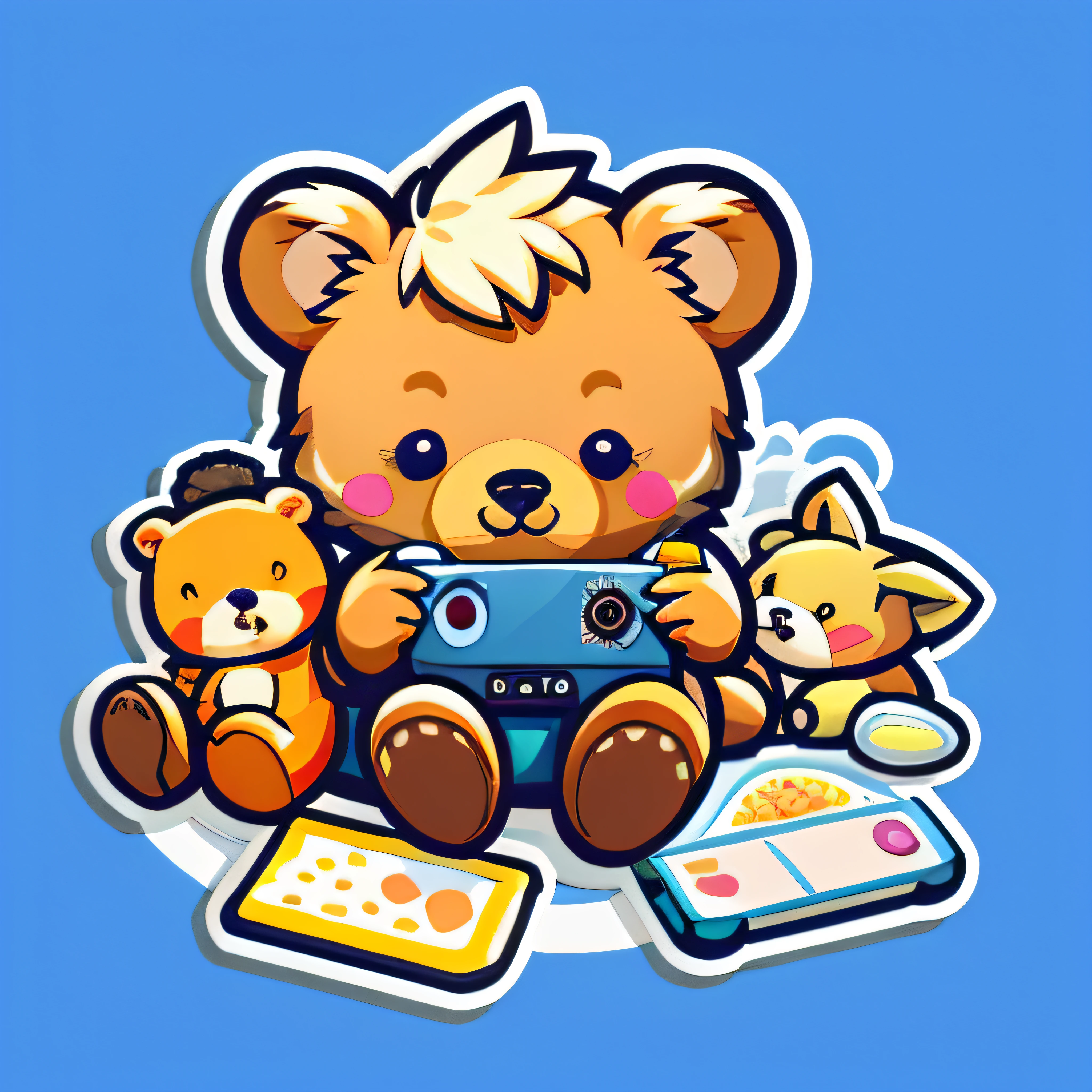 Cartoon bear with camera and some food on blue background, telegraph stickers, telegraph stickers design, video game fanart, nintendo game art, kawaii cutest sticker ever, stickers illustrations, Game icon, fantasy sticker illustration, Cute detailed digital art, Mobile game art, cute detailed artwork, stickers illustrations, game icon stylized, video game icon design, teddy fresh