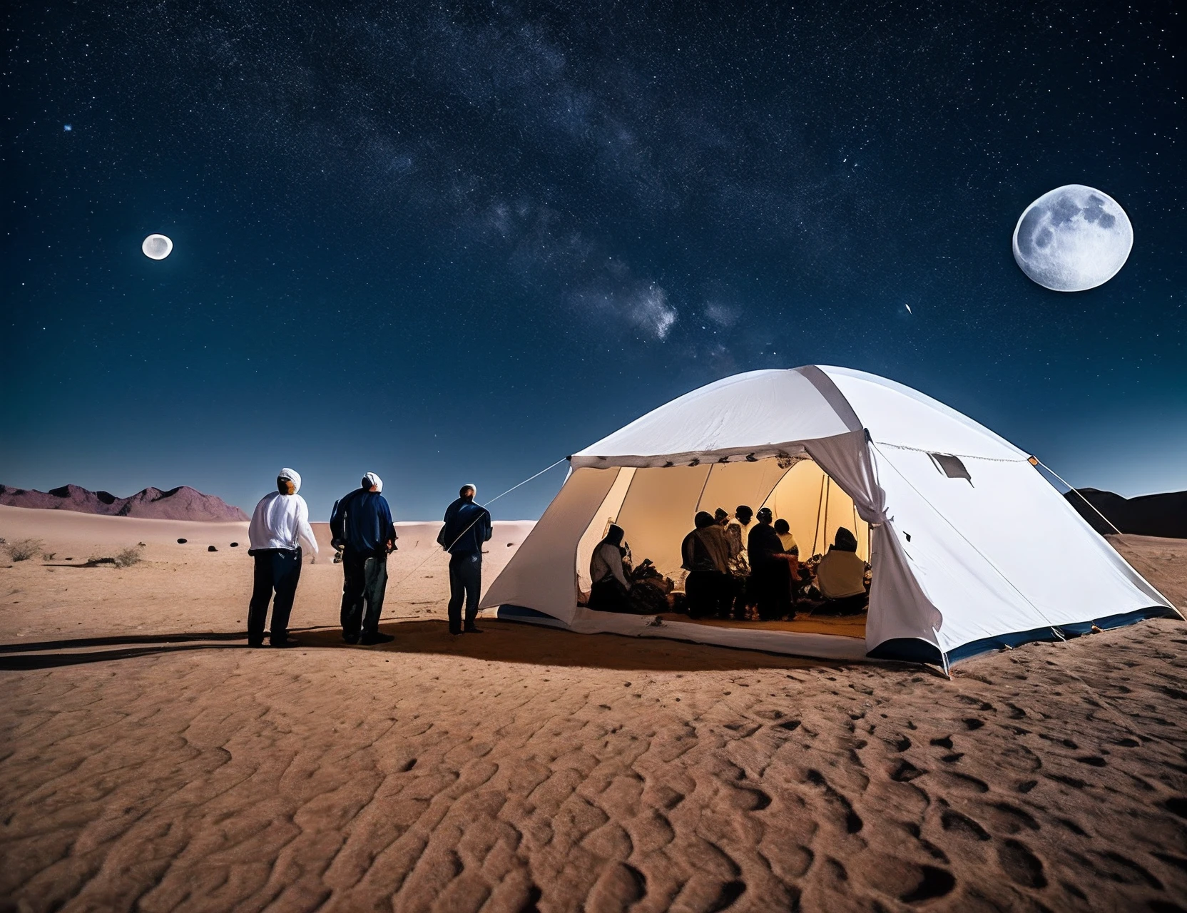 6 people wearing a white shirt and a turban in the desert with a clear sky under the stars and the moon at the side with a big tent