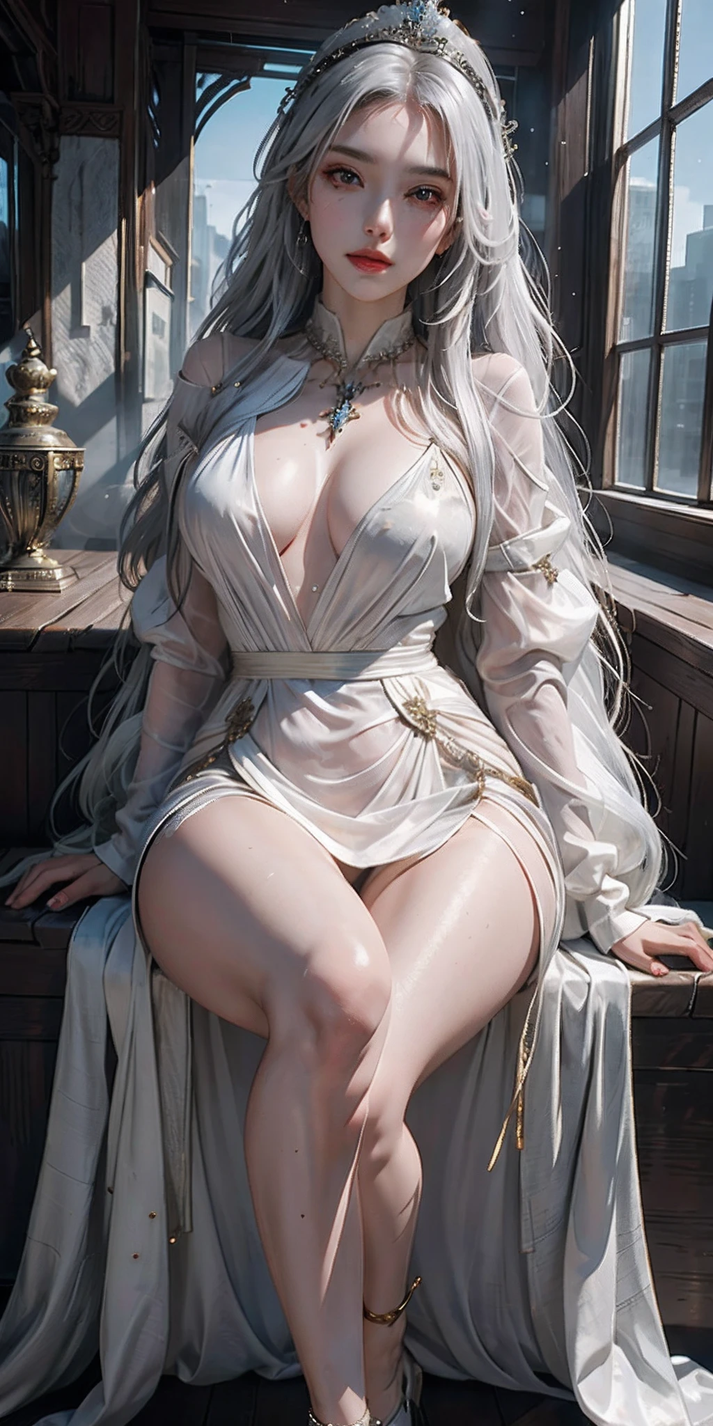 photorealistic, high resolution, soft light,1women, solo, hips up, shinning skin, (detailed face), jewelry, tattoo, Woman in silver see-through dress, Sitting on the golden throne、cross one's legs、Queen's Wand、Real Art Station, Heavy rain scene, detailed fantasy art, Stunning character art, Beautiful exquisite character art, Beautiful gold armor, Extremely detailed, Girl in Shining Armor, Exquisite Intricate Headdress and Jewelry