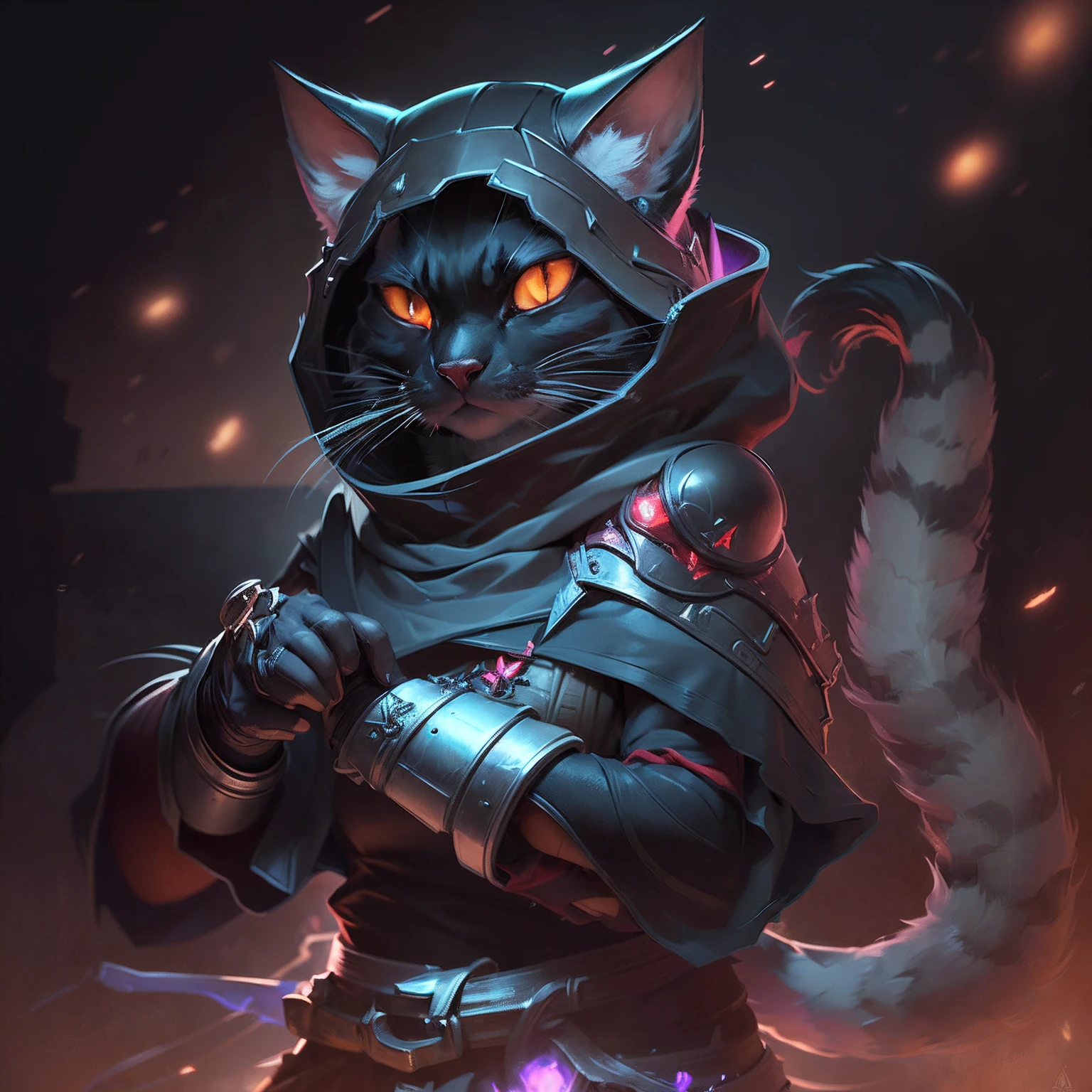 A female cat with a dark look, he is a warrior wearing medieval armor and is in the middle of the battlefield, with fire and smoke in the background, in the midst of war, she is a dark cat in the midst of the chaos and destruction of a battlefield full of magic. A pet for a League of Legends style RPG Art A pet in a medieval art Medieval art illustration in an art cartoon style arcane style league of legends art cartoon illustration