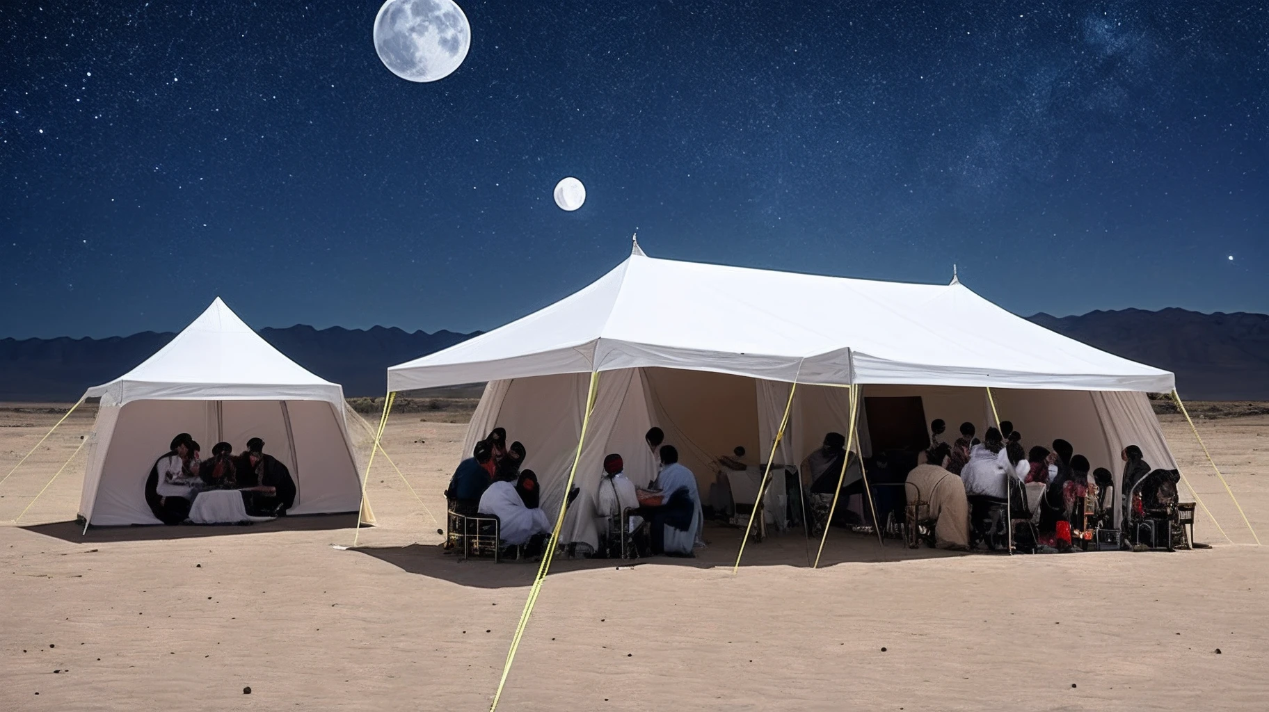 6 people gathered around one man wearing a white shirt and turban in the desert, the sky is clear under the stars and the moon is on the side with a large tent.