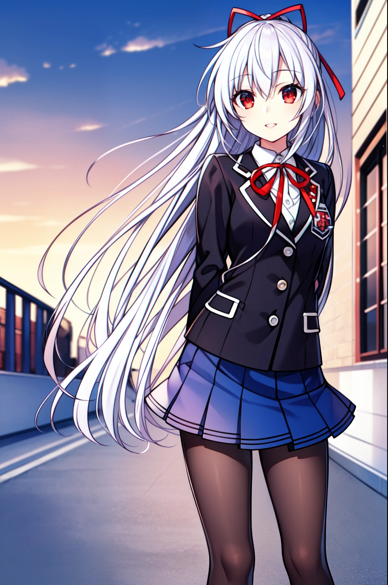 masterpiece, high quality, extremely detailed, 1girl, milf, solo, tohka, white hair, red eyes, long hair, parted lips, school uniform, black pantyhose, light smile, arms behind back, school, evening