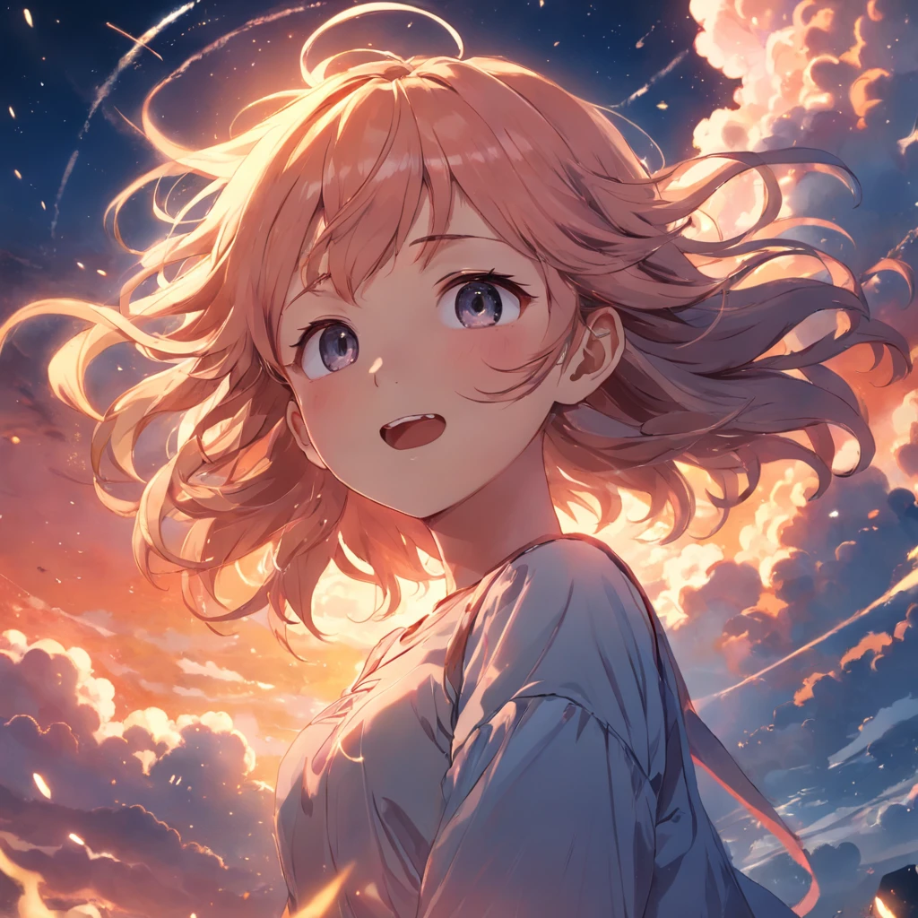 masterpiece, best quality, movie still, 1girl, cloud girl, floating in the sky, close-up, bright, happy, warm soft lighting, sunset, (sparks:0.7)