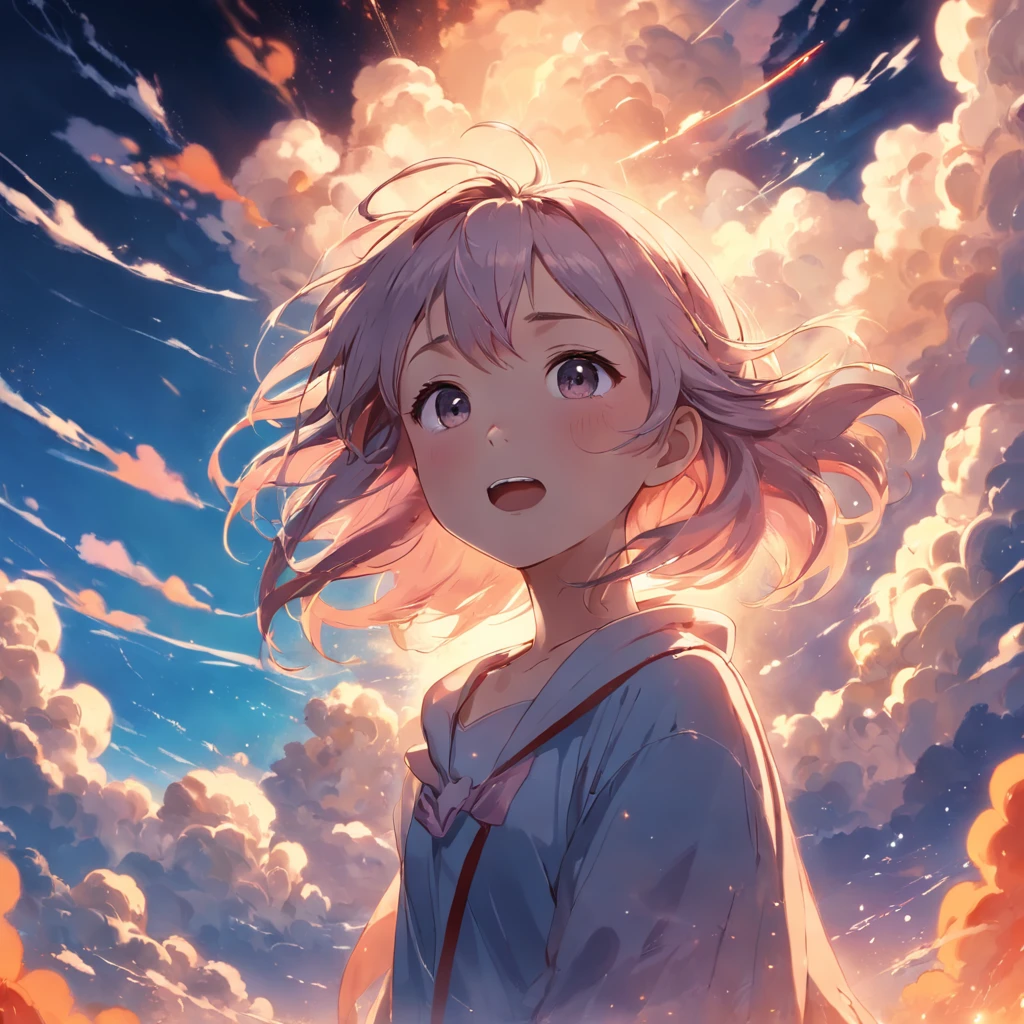 masterpiece, best quality, movie still, 1girl, cloud girl, floating in the sky, close-up, bright, happy, warm soft lighting, sunset, (sparks:0.7)