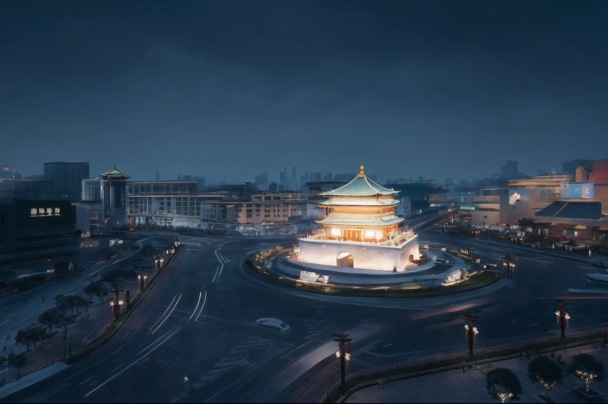 Chinese Drum Tower,with clouds in the sky, by Yang J, G Liulian art style, Beautiful rendering of the Tang Dynasty, chengwei pan on artstation, cyberpunk chinese ancient castle, Rosla global lighting, by Ni Yuanlu, Temple background, Cloud Palace, Feng Zhu concept art, author:Qu Leilei