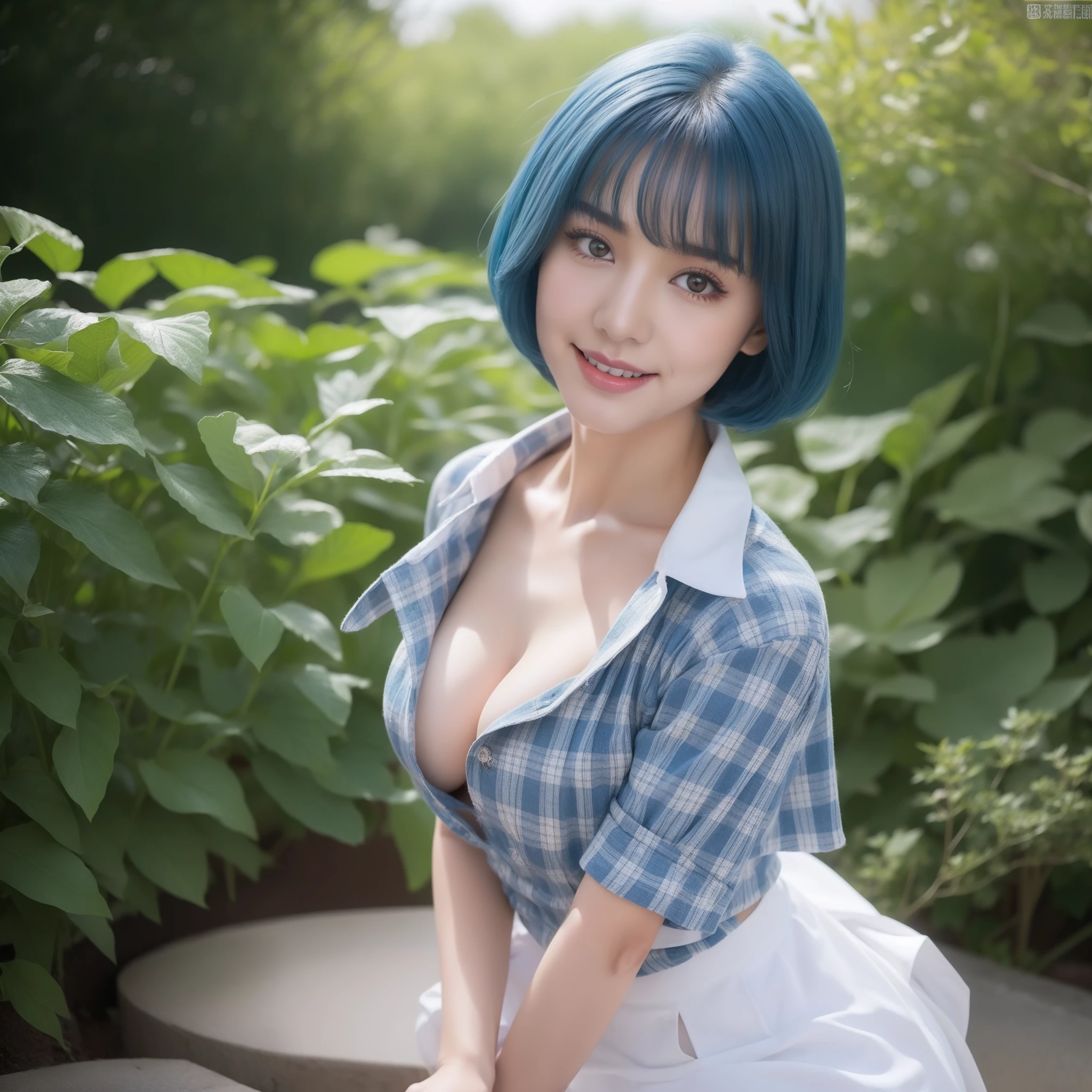 8k RAW photo, top-quality, masterpiece, 超A high resolution, film grains, filmg, 1girl, looking at the viewers, natural skin textures, realistic eyes and face details, Full lips, lipsticks, (makeup), red eye shadow, fluffy short hair, hair messy, a smile, closes mouth, beautiful legs, Tall lady, skiny, slim_legs, 独奏, huge-breasted, cleavage of the breast, a short skirt, buttock, The shirt, Beautiful natural places, Around the location of the fountain,Plaid skirt, white shirt, huge-breasted, cleavage of the breast, Show a little cleavage through the shirt, lowfers, blurry backround, bblurry, shortsleeves, JK ribbon on neck, blue hairs, Eau, bangss, Cosplay,
