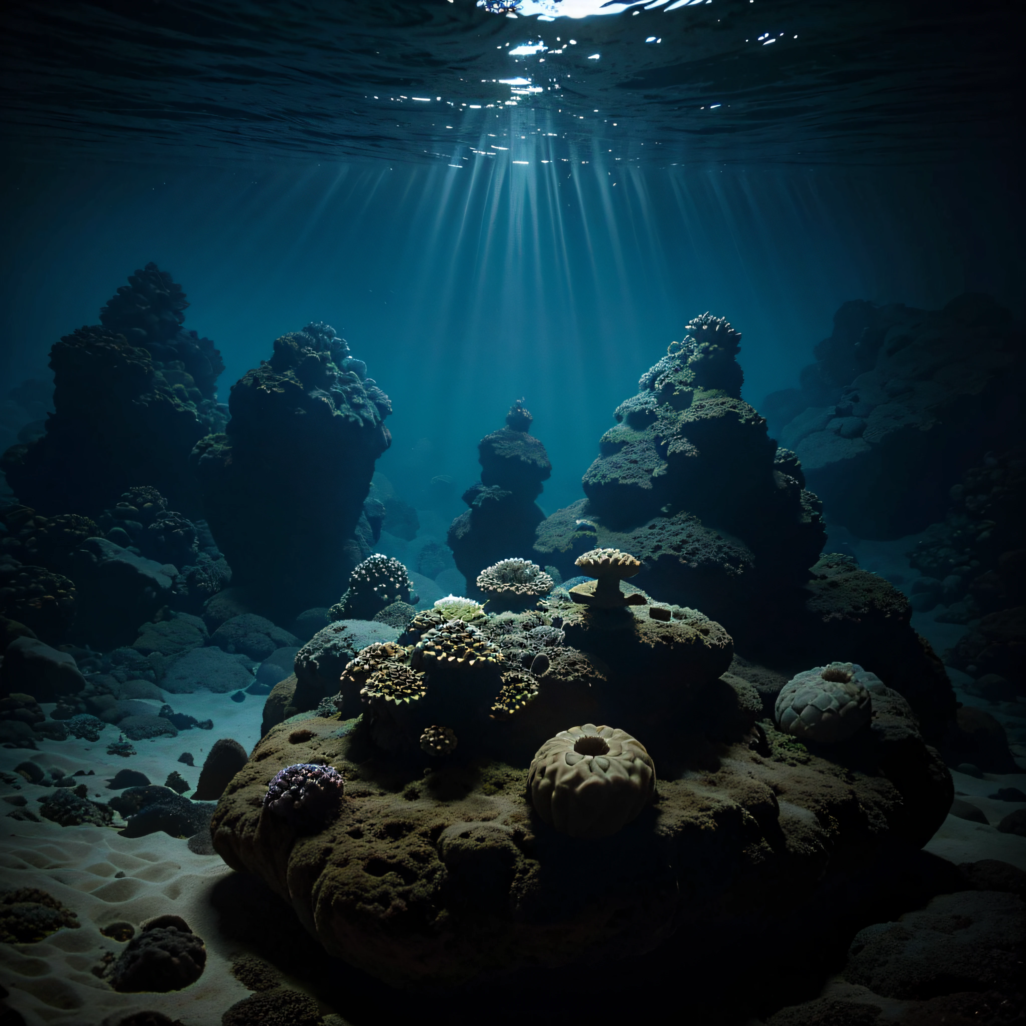 (extremadamente detallado, obra maestra, La mejor calidad, Under the Ocean), Estilo oscuro, volumetric illumination. textura de babosa, piel de caracol. manchas de tinta. Rococo composition. Luz de caravaggio
