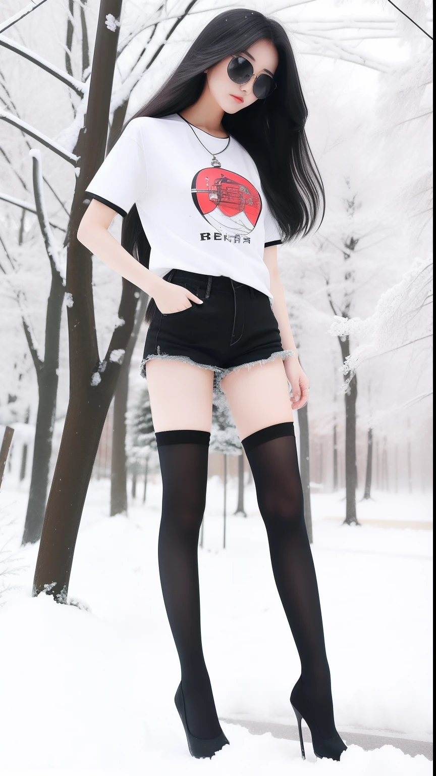 A Japanese Lady、beauitful face、Black sunglasses、Long black hair、voluminous hair、Short sleeved shirt、Micro shorts、beauty legs、Black Knee High Socks、Black Pin Heels、Landing、Oyuki、snow blowing、snow cover