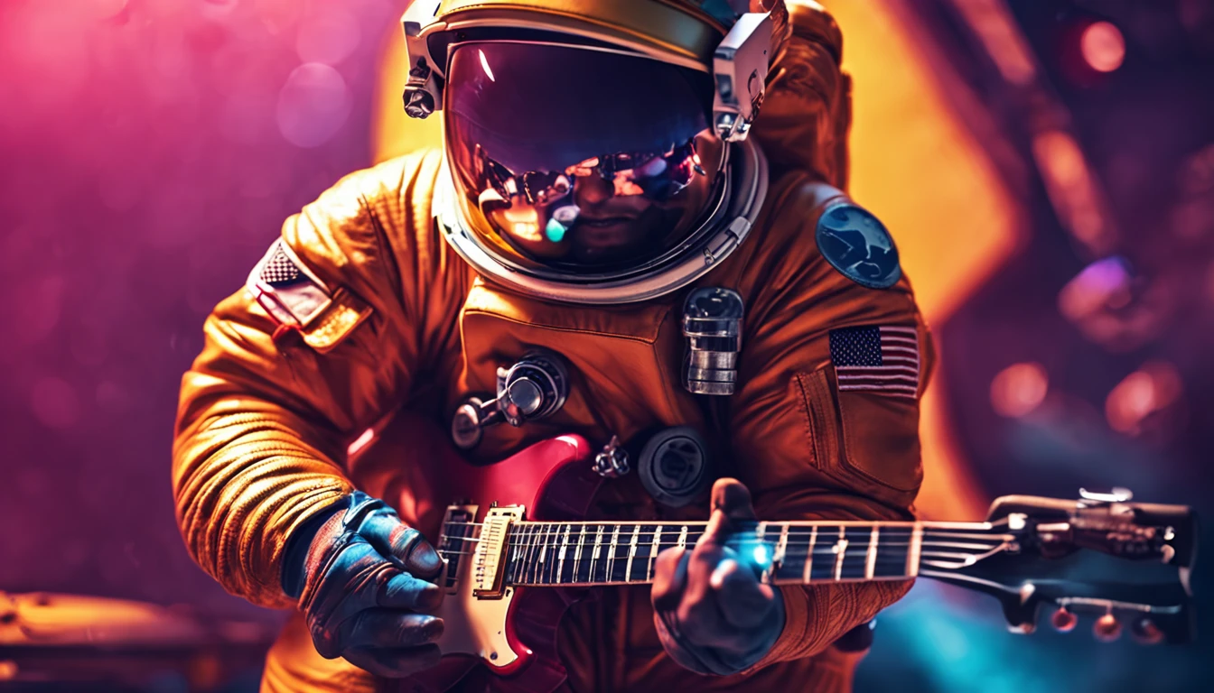 (Detailed description) Astronaut in sunglasses playing an electric guitar of model Les Paul