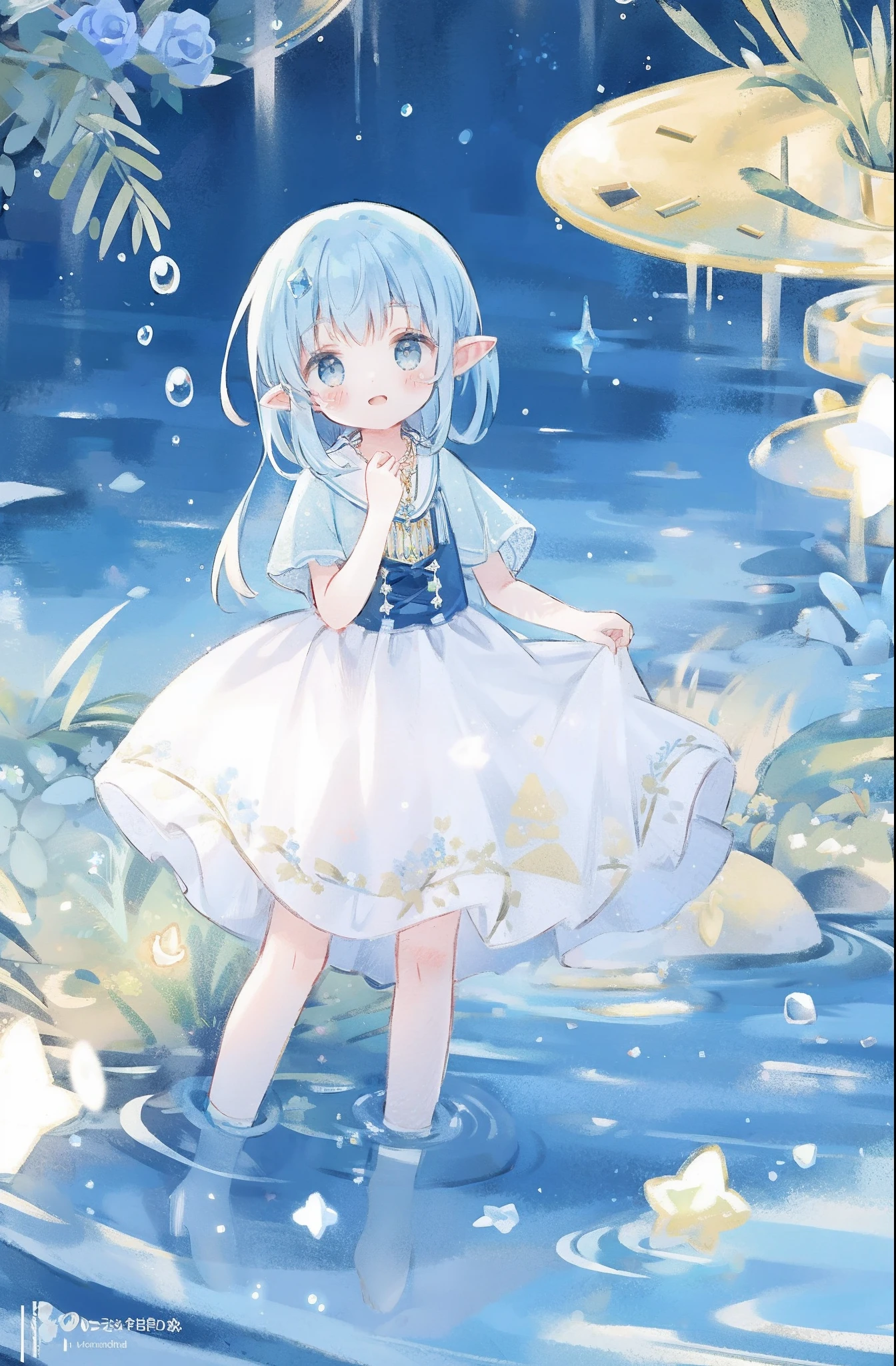 The crown woven with golden silk thread is worn in the ice blue hair, pointy ears, young girl, good face, blue crystal pendant necklace, full white chest, water blue long skirt, exquisite and gorgeous, The skirt has small pendants in the shape of water droplets made of various gemstones, illustration, masterpiece, fantasy, blue flowers, lakeside, movie lens, strong light and shadow