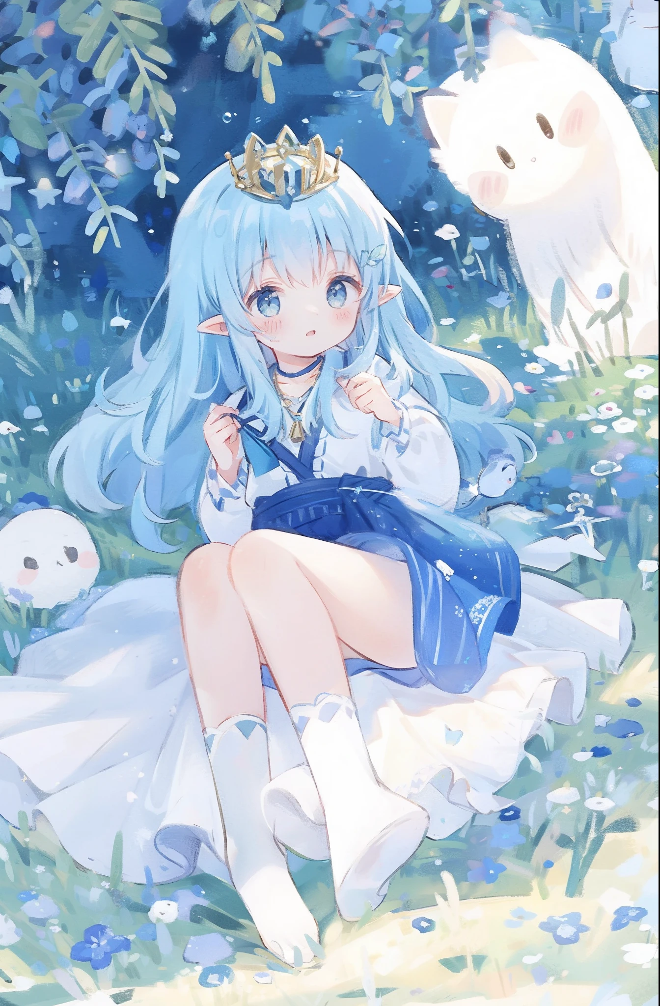 The crown woven with golden silk thread is worn in the ice blue hair, pointy ears, young girl, good face, blue crystal pendant necklace, full white chest, water blue long skirt, exquisite and gorgeous, The skirt has small pendants in the shape of water droplets made of various gemstones, illustration, masterpiece, fantasy, blue flowers, lakeside, movie lens, strong light and shadow