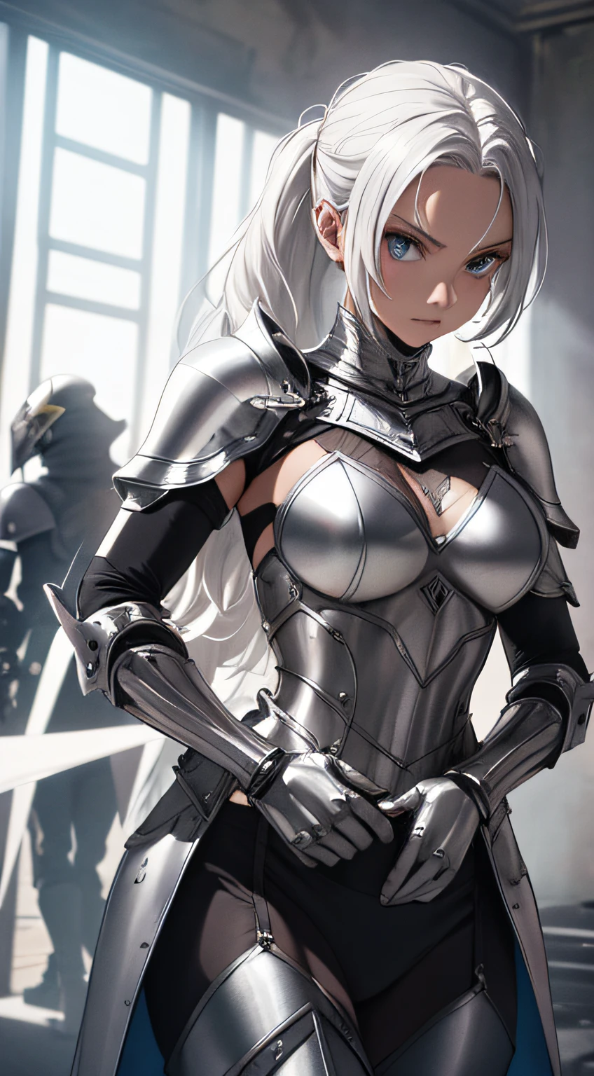 wearing an intrincate silver armour