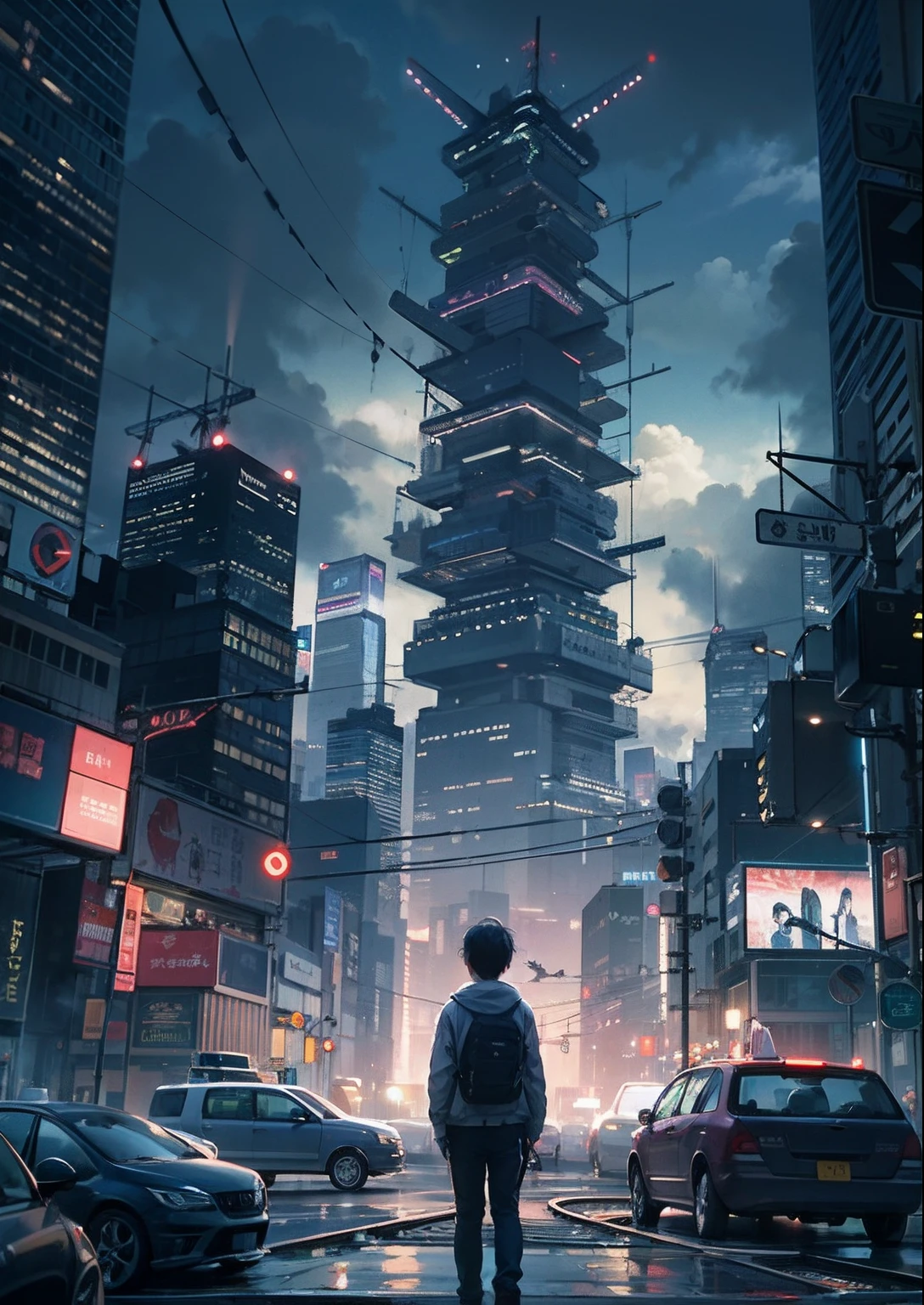 1boy,a 13 yo boy、FULL BODYSHOT、facing back、The beginning of the adventure、Very dark sky、Lots of clouds,heavy fog、starrysky、big moon,Chaotic city of the future、dystopian、A group of very tall skyscrapers stands in the center、Very complex cityscape,High-brightness radio tower、Crowded Chinese skyscrapers、street signs、streetlights、taxis、buses、Train、Pretty dim cinematic lighting、Dark road、puddles、Chaotic、Beautiful and fantastic scenery、Cinematic scenery、hightquality、masutepiece,in 8K、hight resolution、