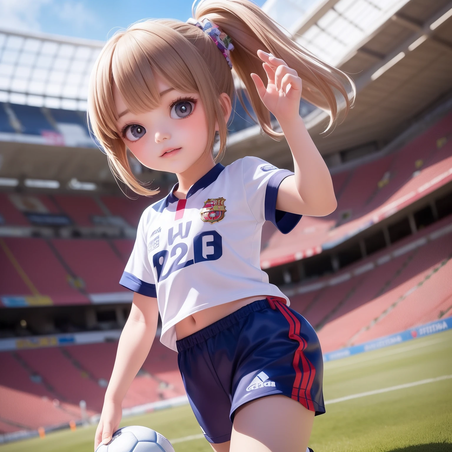 ((9ar olirl:1.5)), complete anatomy, childdy, child, super  girl, little girl, randos,random angles,

Soccer, fc barcelona jersey, outdoors, lawns, dribbling, ponytail hairstyles, running,Camp Nou football stadium,Thick red and navy striped uniform, shorts uniform,

 beautiful girl, 1 girl, loli, petite girl, top qlity, terpiece, high eyes,drooping eyes,(realism: 1.2)), petite, bangs, tall eyes, natural light,(aquamarine eyes),bangs, beautiful girl with fine details, Beautiful and delicate eyes, Beautiful girl, detailed face, Beautiful eyes, beautiful shining body, 8K images,