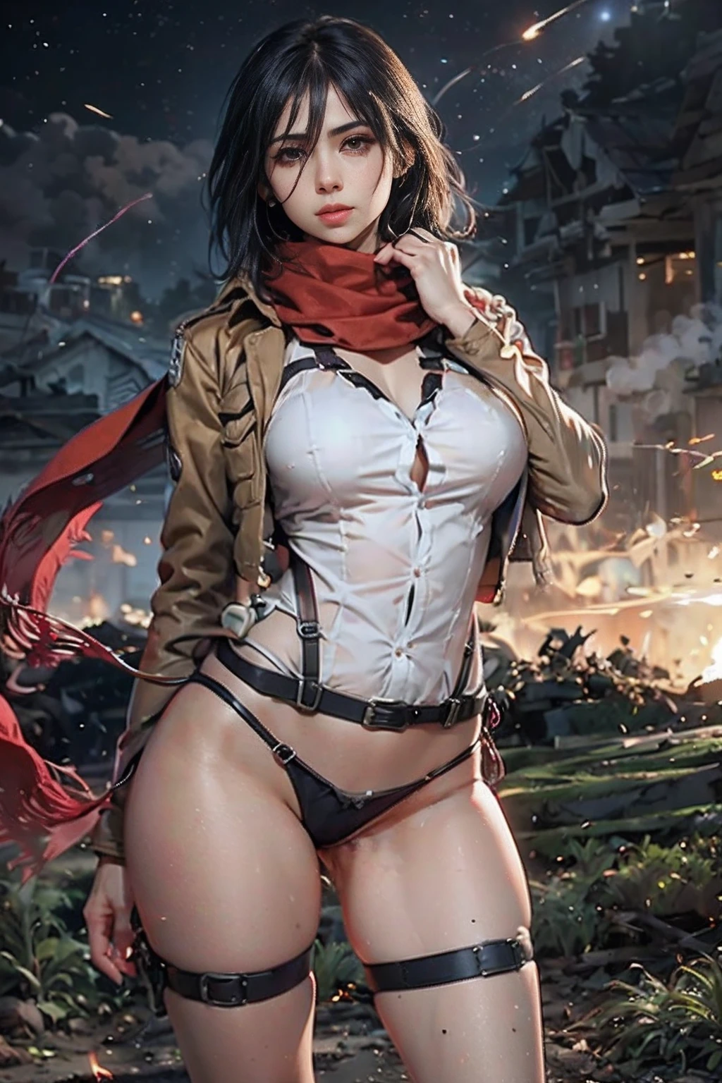 Imagem de Mikasa Ackeman de ((corpo inteiro))、Red scarf on neck, capa verde musgo, Reconnaissance Division Neck Uniform, seios grandes, corpo definido, guerreira, lado a lado (segurando uma espada), segurando sua espada, Destroyed city background and flames, zoom em seus olhos que reflete o fogo que queima sua casa, Mikasa is in a burning village at night, Smoke and fire particles in the air、(1girl em)、(realisitic)、(fotorrealista:1.5)、Batomornsardas、cabelos pretos, 8k UHD、(filmgrain) extremamente delicado e bonito、8k, alta qualidade、alta resolução, ju、ighly detalhado、((Durante a noite))、(brilho do fogo refletido no rosto)、belos olhos detalhados、 olhos e rosto extremamente detalhados、obra prima、(lighting like a movie)、(pele de alto detalhe:1.2)、8k UHD、Digital SLR、a strong illumination of fire、alta qualidade、filmgrain、obra prima, qualidade superior, alta qualidade, alta resolução, ((muito nitido)), foto tirada com camera profissional de longo alcance, altissima qualidade, preservar face