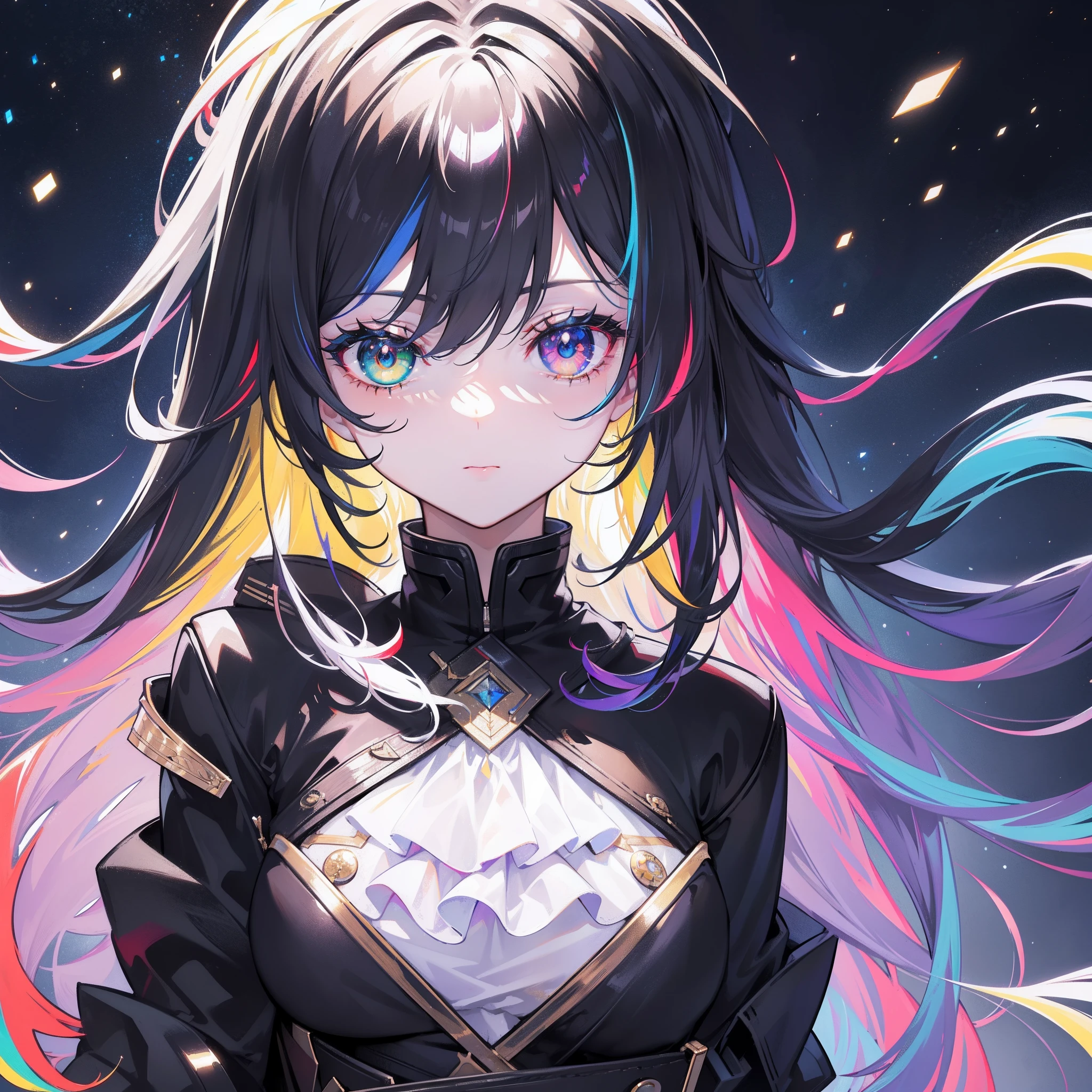 {{masterpiece}}, best quality, extremely detailed CG unity 8k wallpaper, cinematic lighting, lens flare, beautiful detail eyes, black, side glance, multicolor hair, colorful light, particles, heterochromia, (colorful:1.5), (colorful hair:1.5),