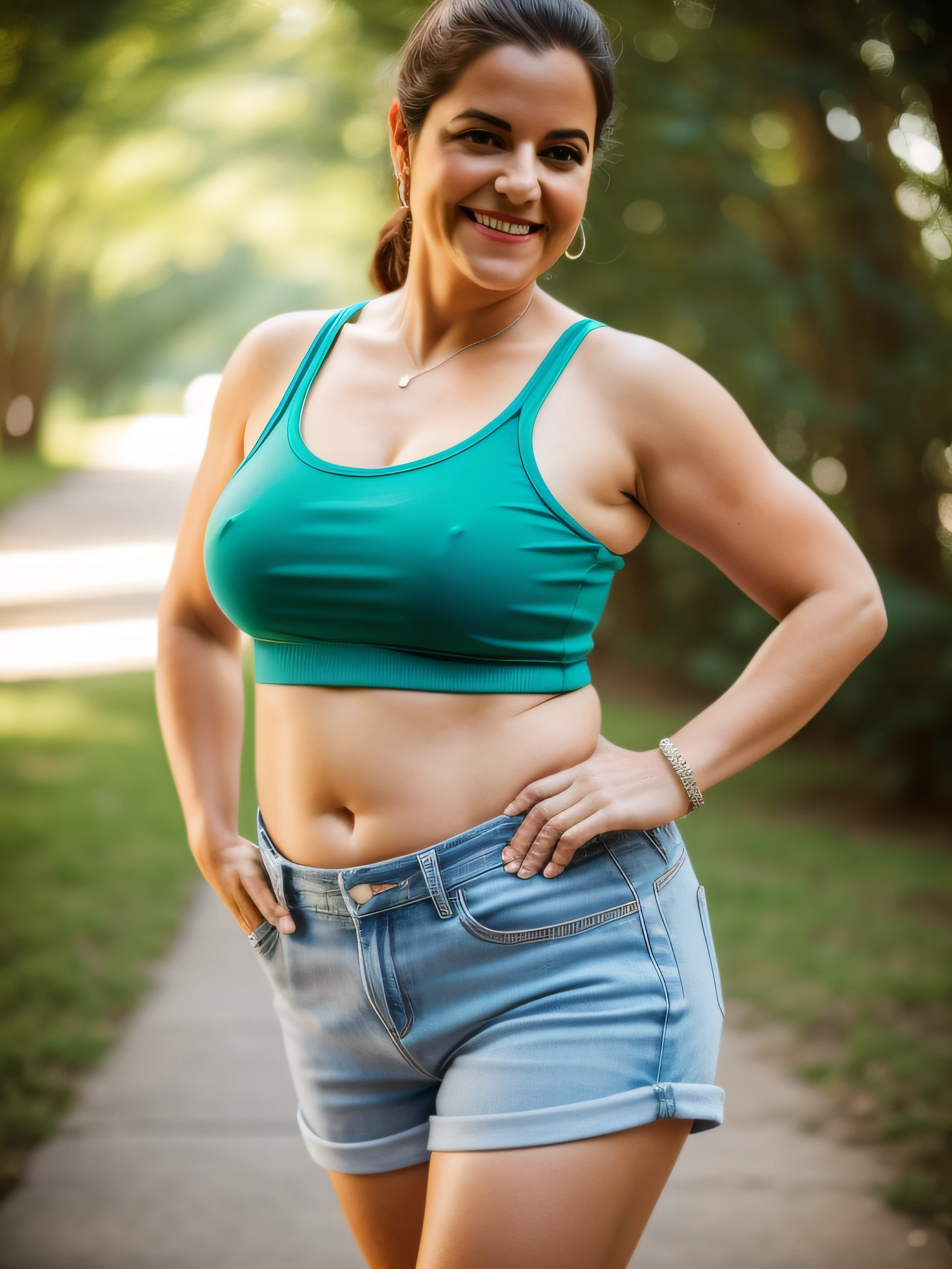 uma mulher loira e branca de 50 anos, curvilinear, Dancing, sorrindo, vista de lado, usa shorts bem curto, usa blusa cropped mostrando barriga, detalhada, realista, foto realista, highes definition, alta resolução. lente 35mm, tilt shift. bokeh