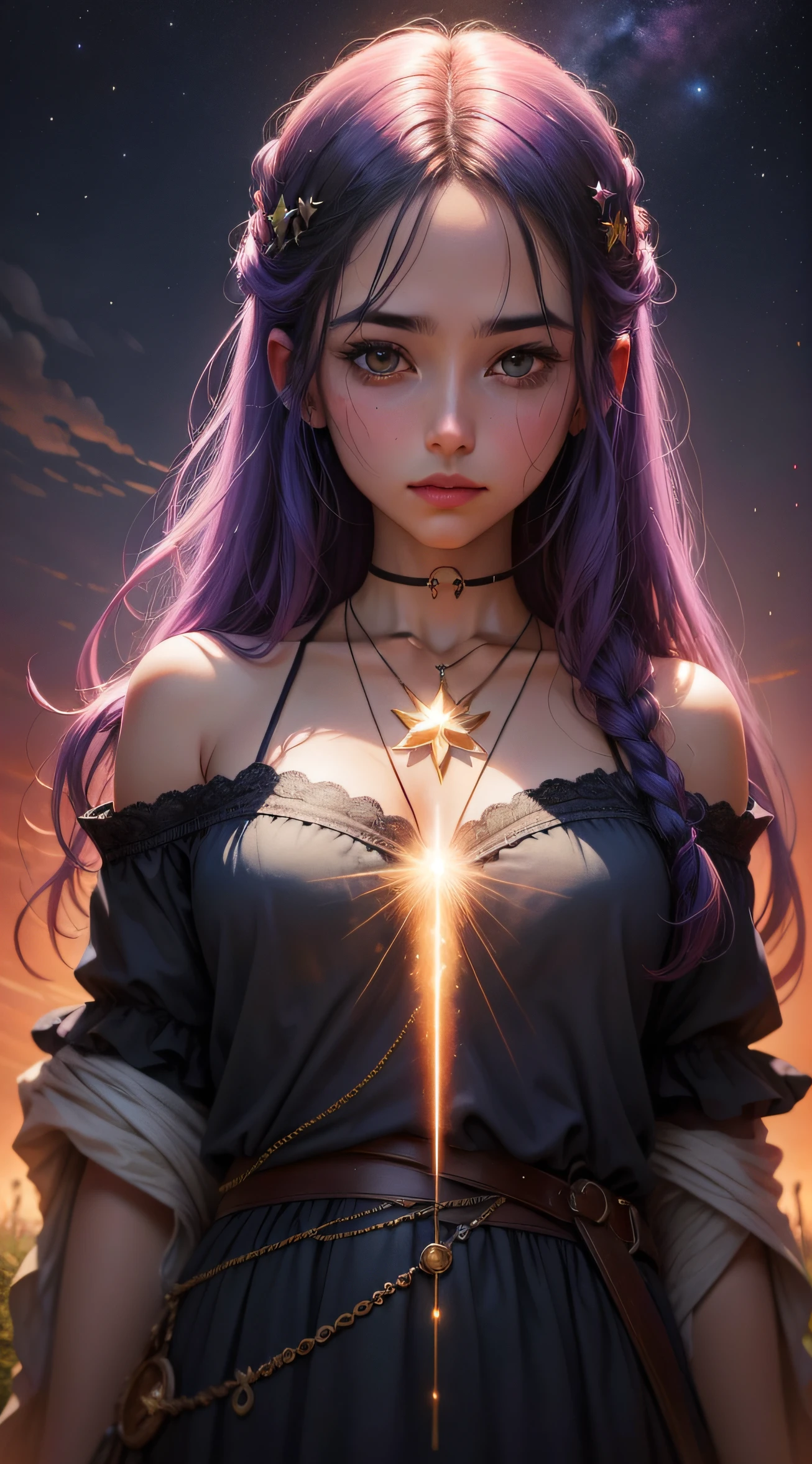 Salvation auras , stardusts necklace , farms, watercolors paint, vivid colors, Best quality,masterpiece,32k,Intricate details,background of detail, deep scene, cinematic, best illustration