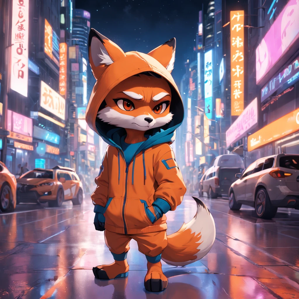 Adorable fox in Pixar movie style, wearing a hood, cinematic lighting, depth sensing, hyper detailed, 8k quality. One hand crossed the hundred，male upper body, best quality, human-like body figure), looking at viewer in orange hoodie and sunglasses, holding mobile phone with headset with neon, fox, avatar image, with outfit futuristic, CGSetnation ),like , professional art, CGsociety - W 1 0 2 4 - N 8 - I,Name is Kan, his name is Kan