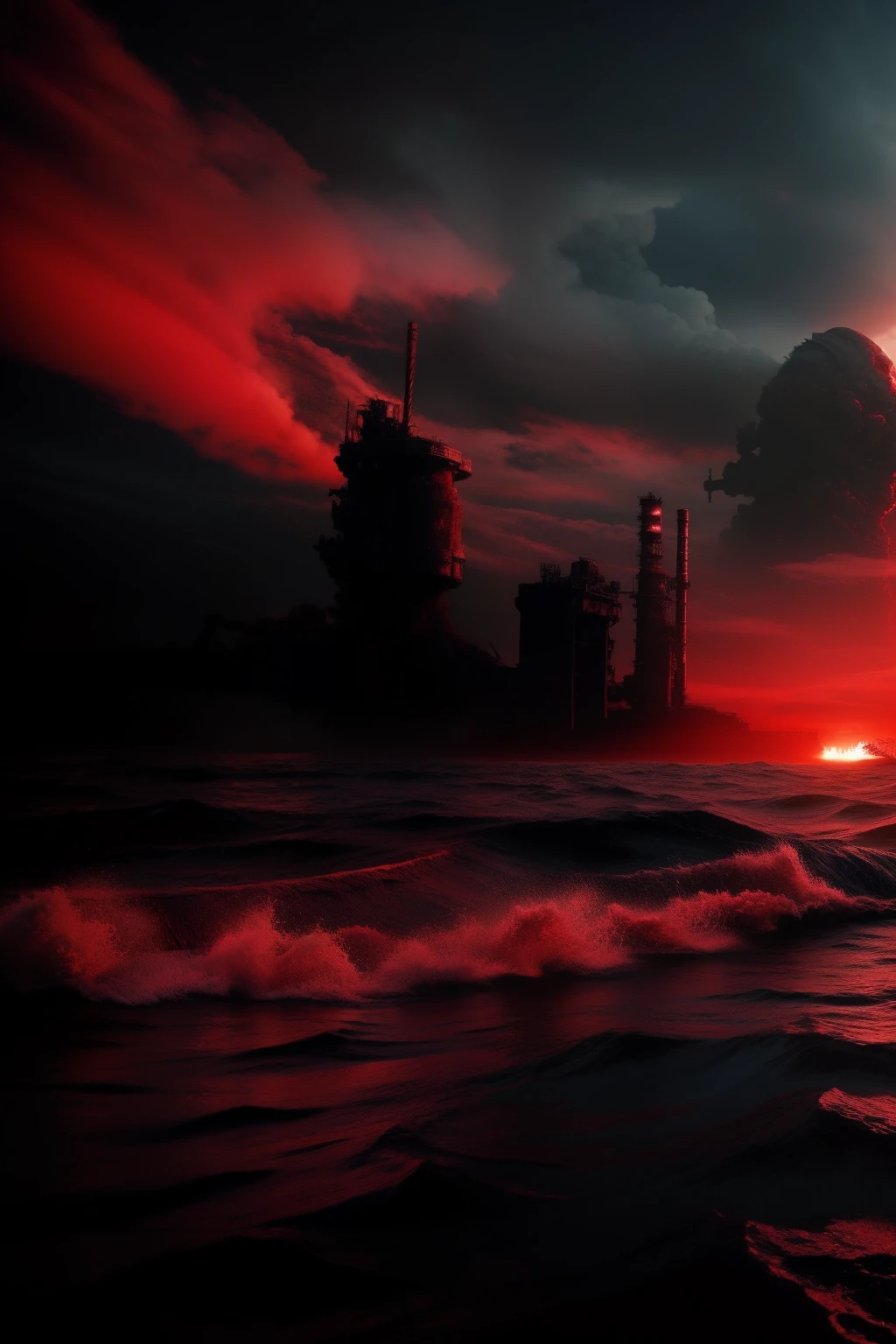 Contamination is rapid, waters,Armageddon,monsters in the sea,Wasteland,The end of the world,blood red colored sky,8K,