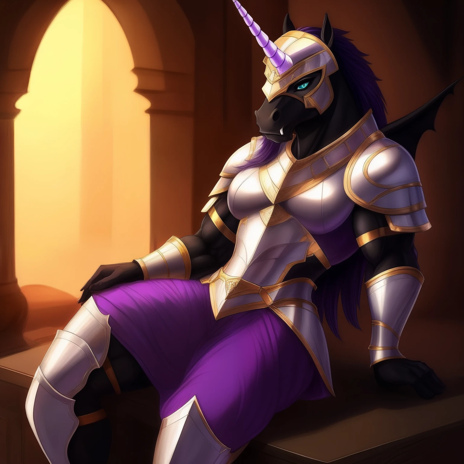 Very_muscular_mature_horse female faded_dark_purple_mane ethereal_mane black_furry_body teal_eyes cat_eyes solo Masterpiece best_quality absurdres highly_detailed cleanly_drawn_eyes heavy_plate_armor fangs bat_wings helmet purple_eyeshadow starry_mane long_black_unicorn_horn horse_snout anthro_only by_clawthedrip leaning_back spread_legs seductive_gaze futanari