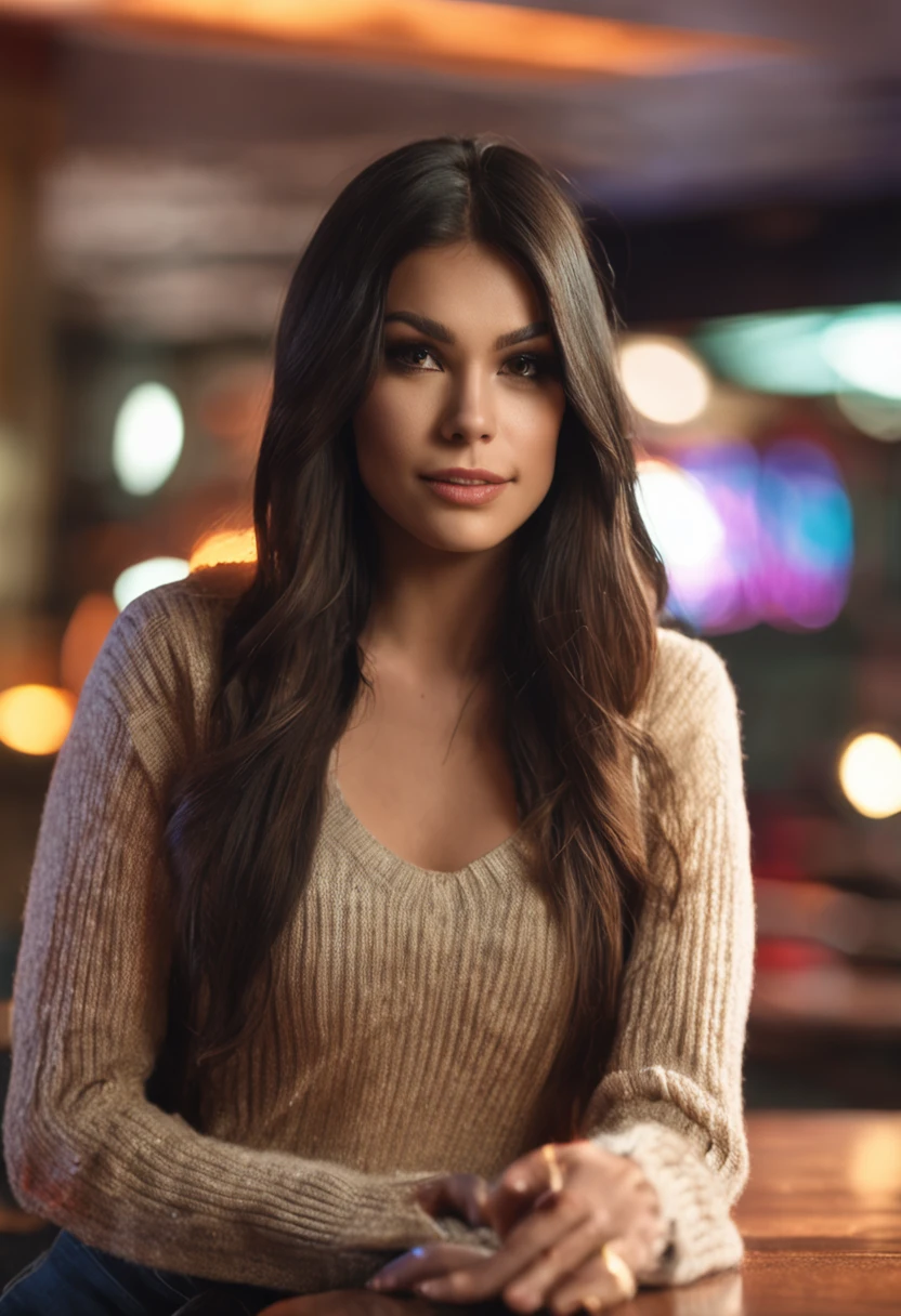 (sharp focus: 1.2), photo (full body) (American flat), attractive 25-year-old, sitting in a restaurant, (beautiful face: 1.1), detailed light brown eyes, delicious lips, (eye makeup: 0.85), (medium breasts: 1.0), (firm body: 1.2), (soft long black hair: 1.2), (long bangs:1.3),wearing (miniskirt) plaid miniskirt, (oversize sweater), (moderate lighting: 1.2), depth of field, bokeh, 4K, HDR. Miss Universe, cover photo. ((skin with small spots and wrinkles), , (moody lighting: 1.2), depth of field, bokeh, 4K, HDR