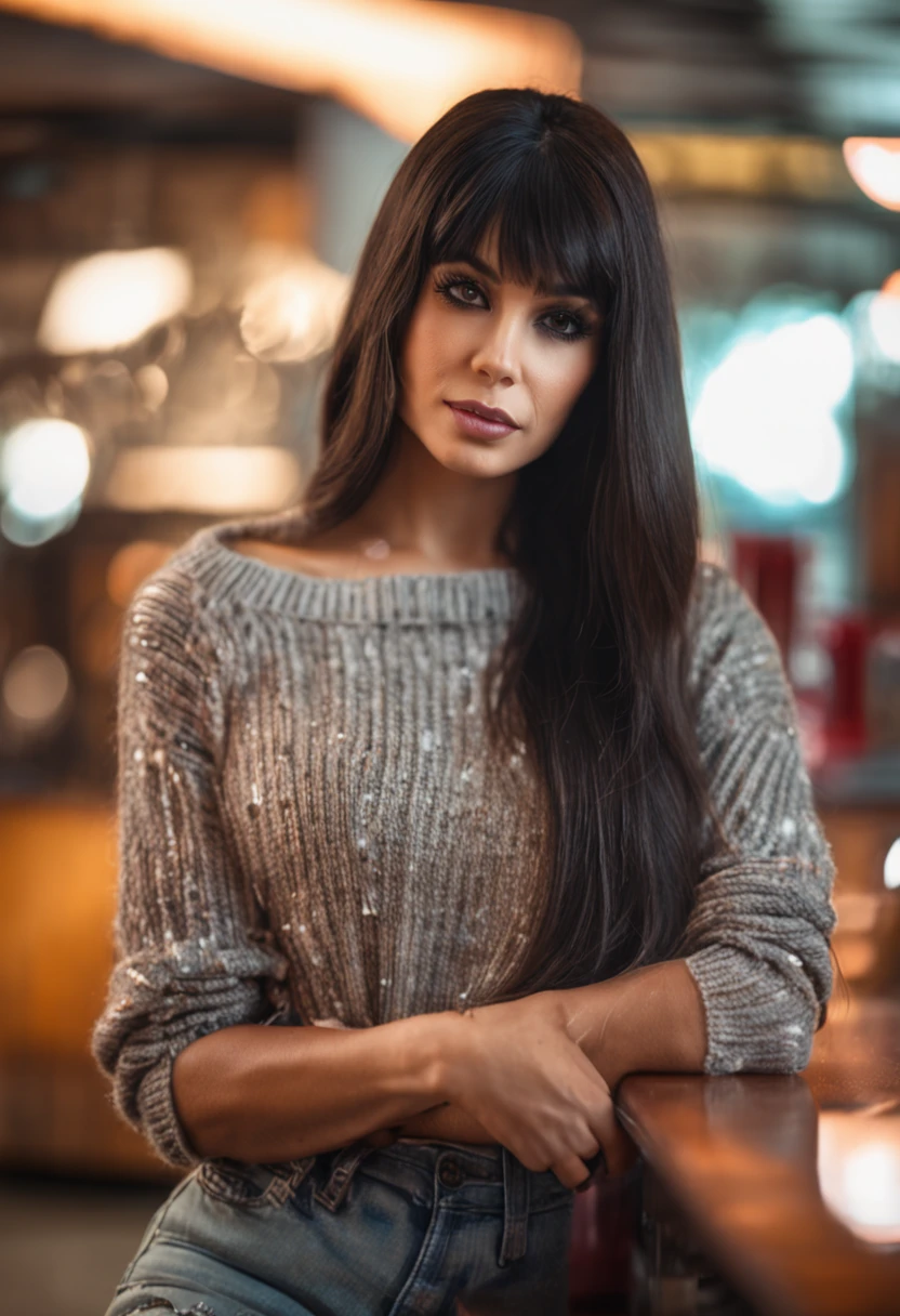 (sharp focus: 1.2), photo (full body) (American flat), attractive 25-year-old, sitting in a restaurant, (beautiful face: 1.1), detailed light brown eyes, delicious lips, (eye makeup: 0.85), (medium breasts: 1.0), (firm body: 1.2), (soft long black hair: 1.2), (long bangs:1.3),wearing (miniskirt) plaid miniskirt, (oversize sweater), (moderate lighting: 1.2), depth of field, bokeh, 4K, HDR. Miss Universe, cover photo. ((skin with small spots and wrinkles), , (moody lighting: 1.2), depth of field, bokeh, 4K, HDR