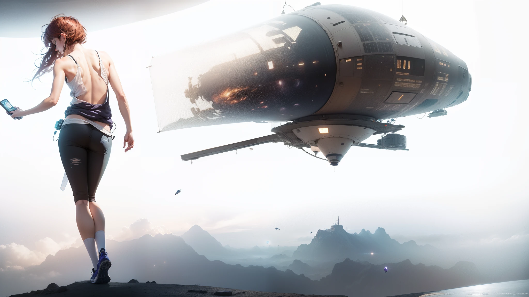 One beautiful and board girl enjoying at rest in a 30 meter space pod , perfect long slim legs, no light glare, wearing shorts up to her waist, perfect anatomy, profile medium shot, inside an escape pod, short pixie cut brown-red hair, Caucasian, holding a game controller, one leg  and socked foot propped up against the main view controller, in a very large spaceship escape pod of 30 meters in diameter, she is wearing casual space appropriate clothing, shorts pulled up to waist, mini gym shorts, a printed tee shirt that reads "Hardly Working", and comfy oversized socks, there is a faint blue Saturn-like planet in the evening sky, all the stars are out in the purple orange alien sky, wind chimes, dried seed pods, dry flowers hang from the ceiling, photorealism, hyperdetailed, in the sci-fi  style of James Campbell